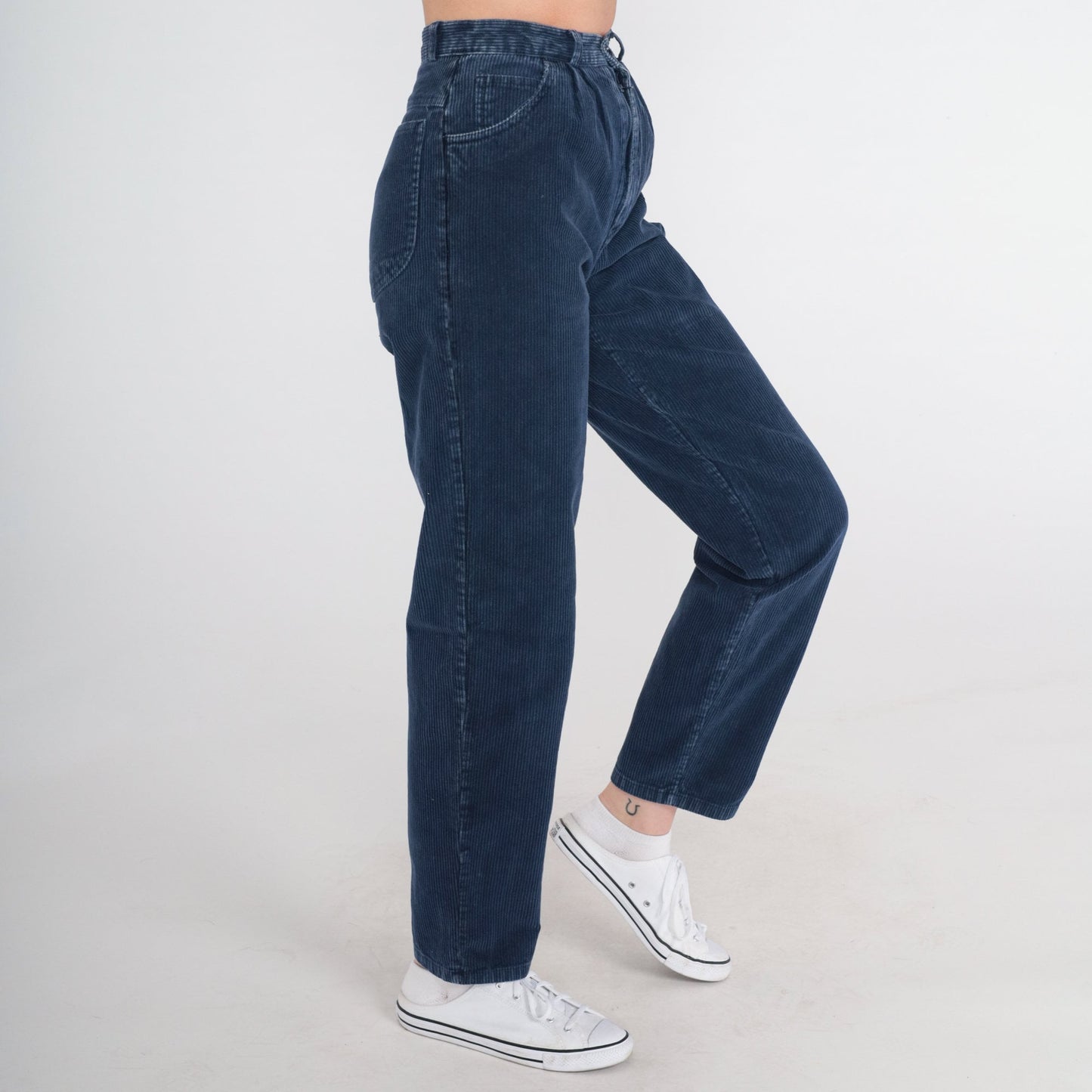 80s Navy Corduroy Pants High Waist Tapered Pleated Trousers XXS