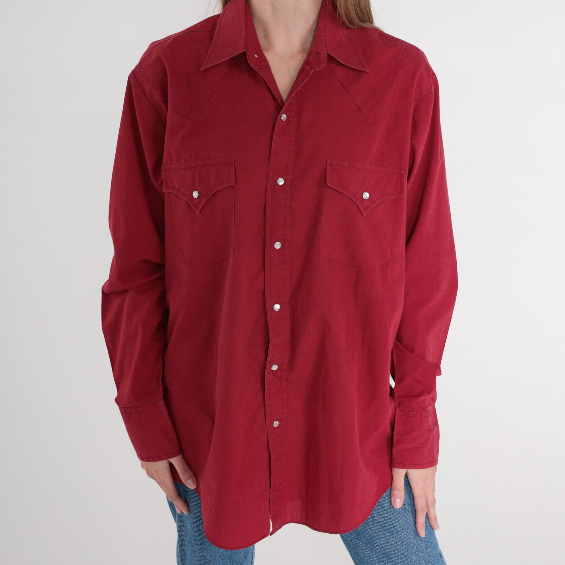 90s Red Western Pearl Snap Shirt Cowboy Button Up Medium M