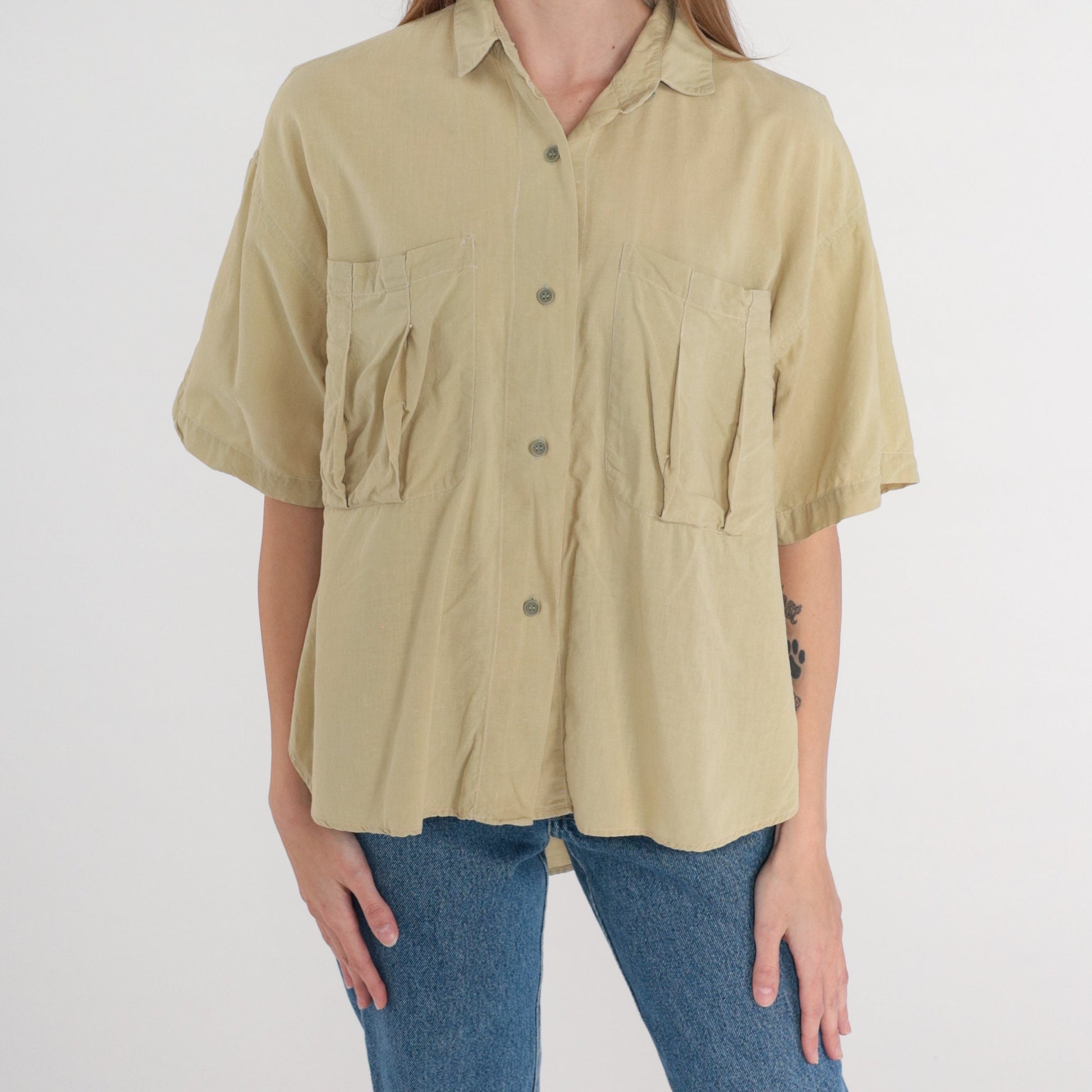 90s Green Cotton Button-Up Shirt Chest Pocket Short Sleeve Medium