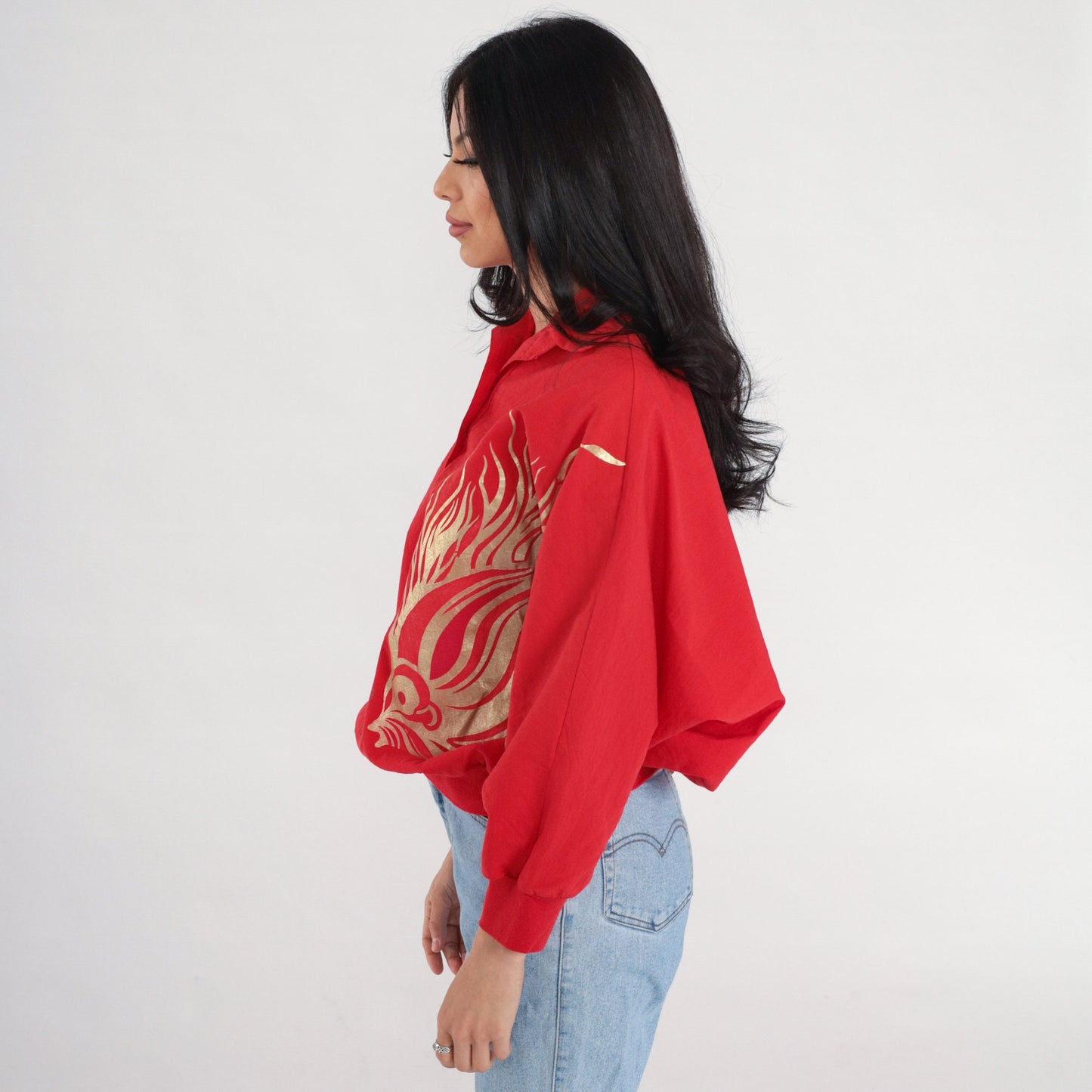 90s Red Fish Metallic Gold Graphic Collared Blouse Long Sleeve Medium M