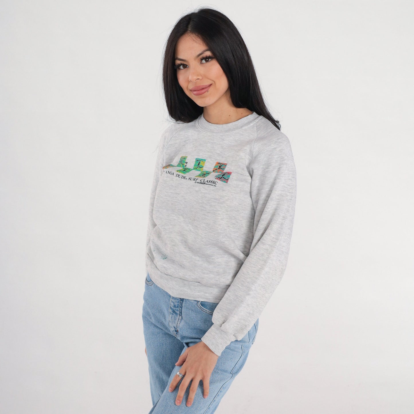 90s Kanga Dude Surf Classic Sweatshirt Heather Grey Raglan XS
