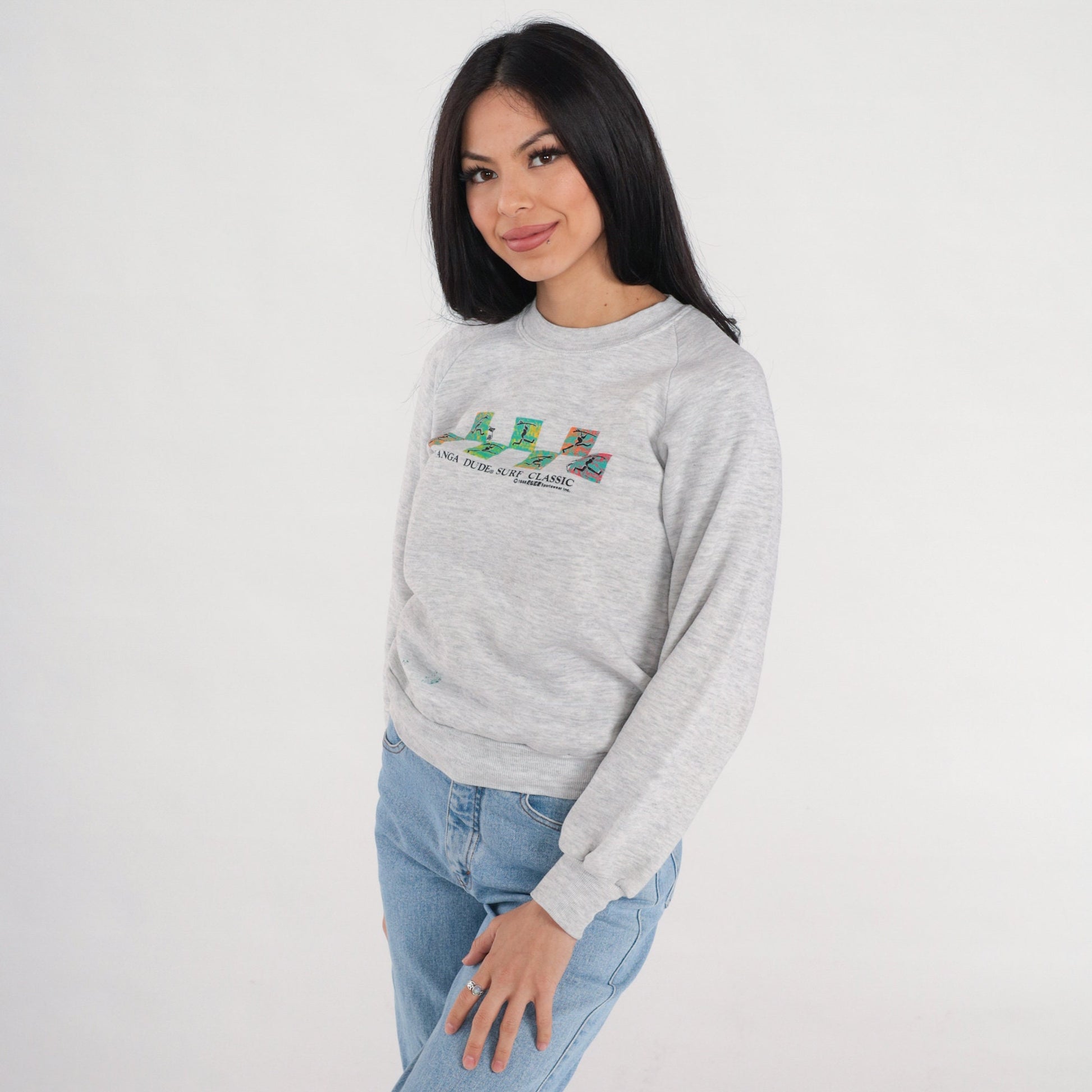 90s Kanga Dude Surf Classic Sweatshirt Heather Grey Raglan XS