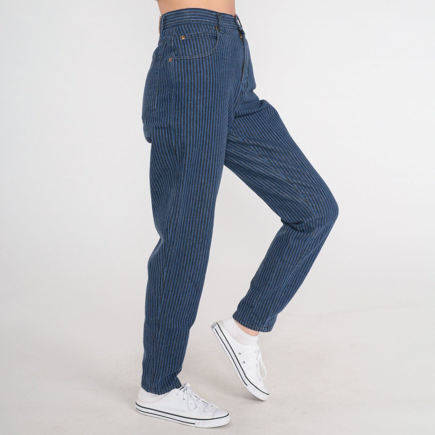 80s Liz Claiborne Striped High-Waist Tapered Jeans Black Blue Small 4