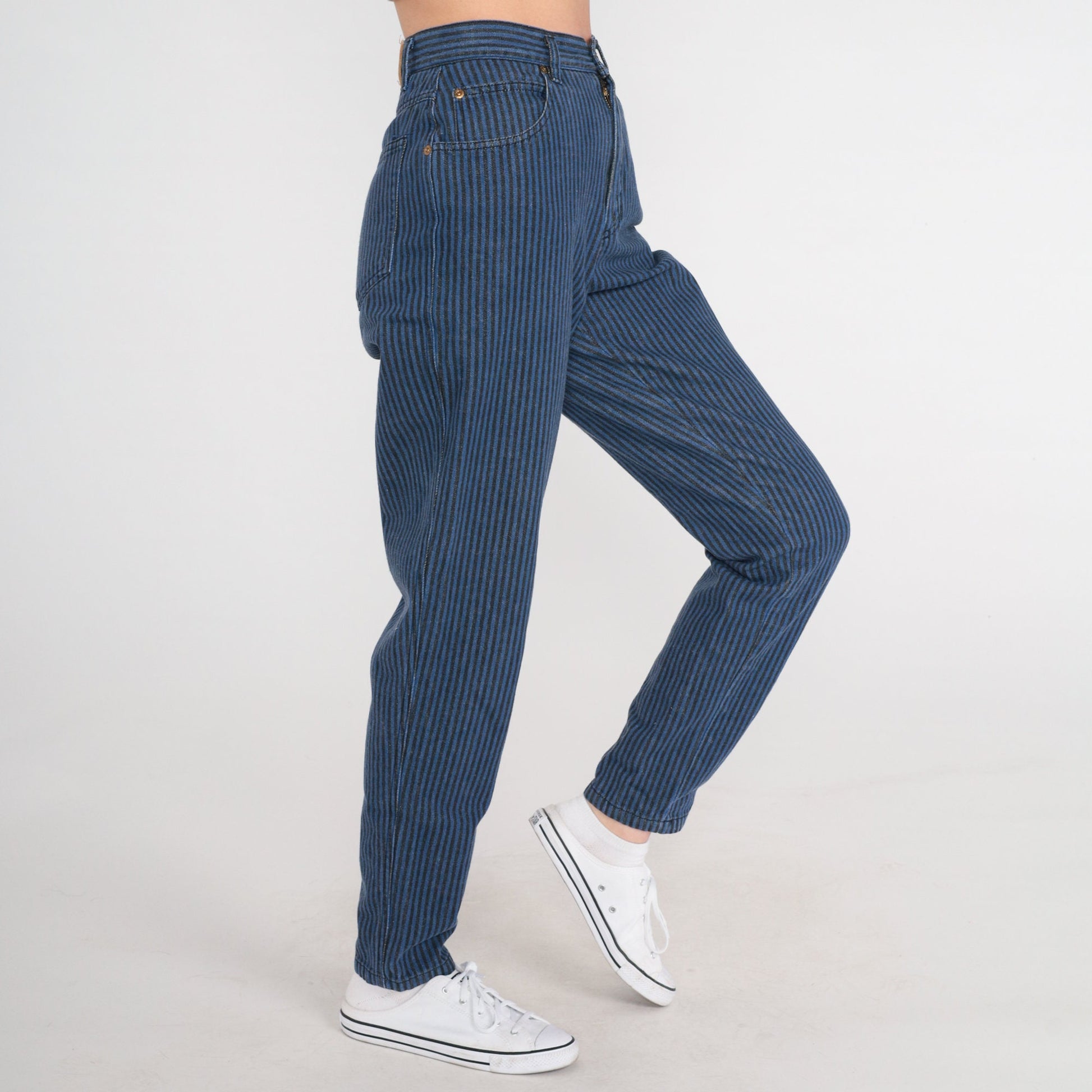 80s Liz Claiborne Striped High-Waist Tapered Jeans Black Blue Small 4