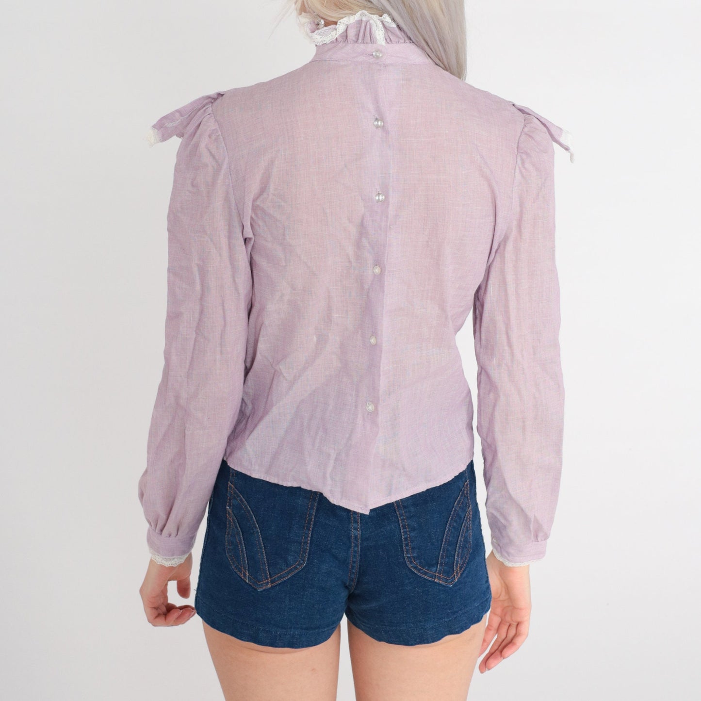 80s Lavender Striped Puff Sleeve Blouse Ruffled Neckline Button Back Small