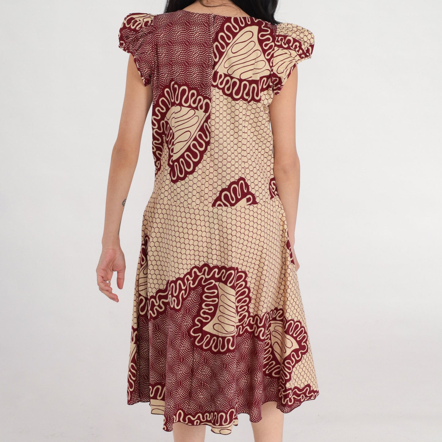 90s Ghanaian Midi Dress Puff Sleeve Tan Red Abstract Print Medium