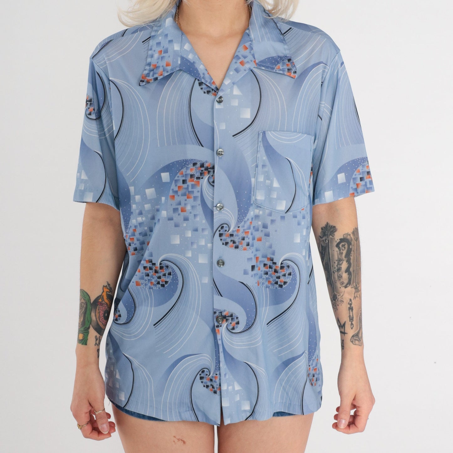 70s Blue Geometric Swirl Shirt Dagger Collar Button Up Short Sleeve Large