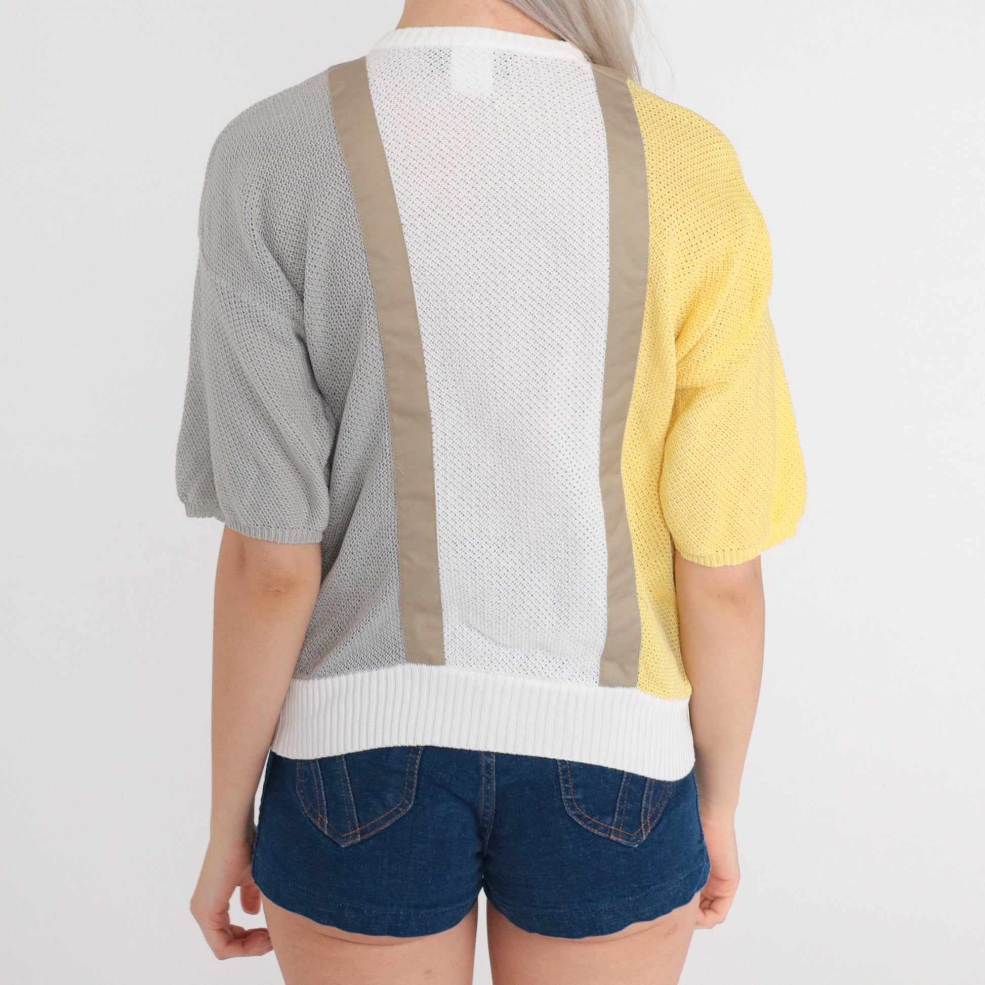80s Sheer Color Block Knit Top Short Sleeve Henley Yellow White Grey Small