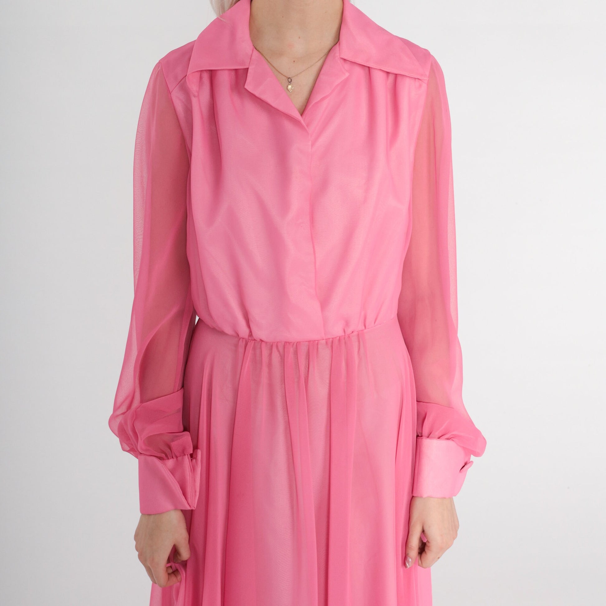 1970s Pink Chiffon Maxi Dress High Waist Button Front Long Sleeve Small