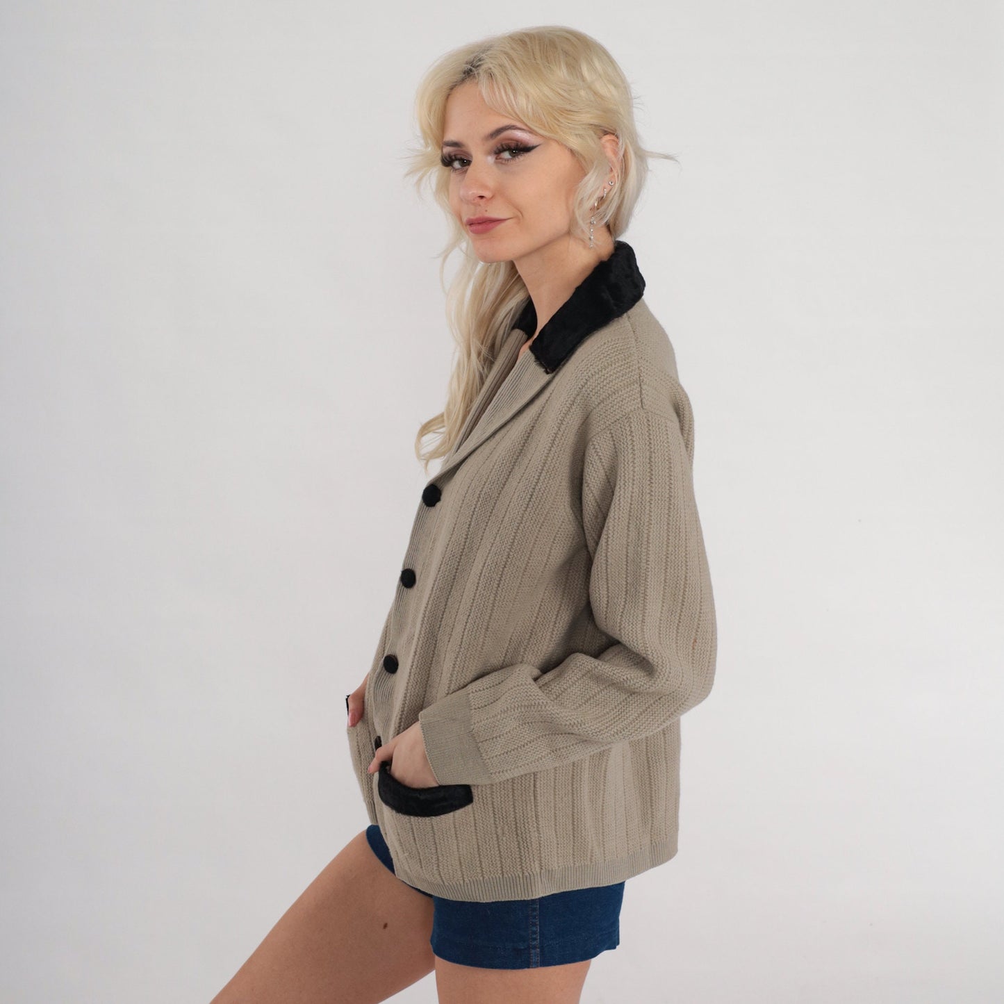 60s Taupe Wool Cardigan Leather Trim Shawl Collar Ribbed Knit Medium