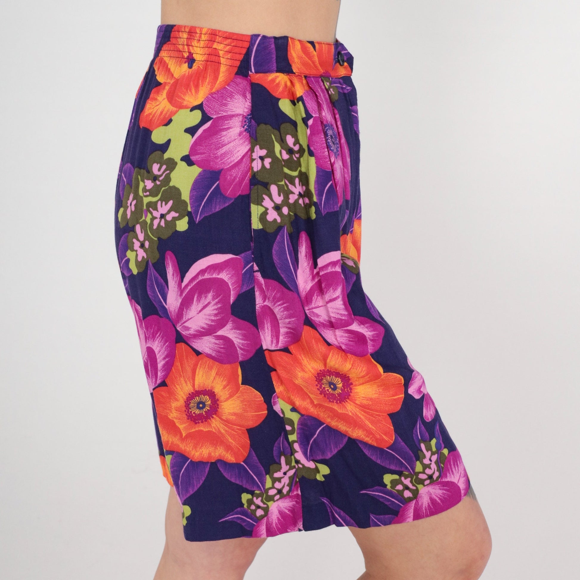 90s Tropical Floral High-Waist Shorts Purple Orange Rayon Medium