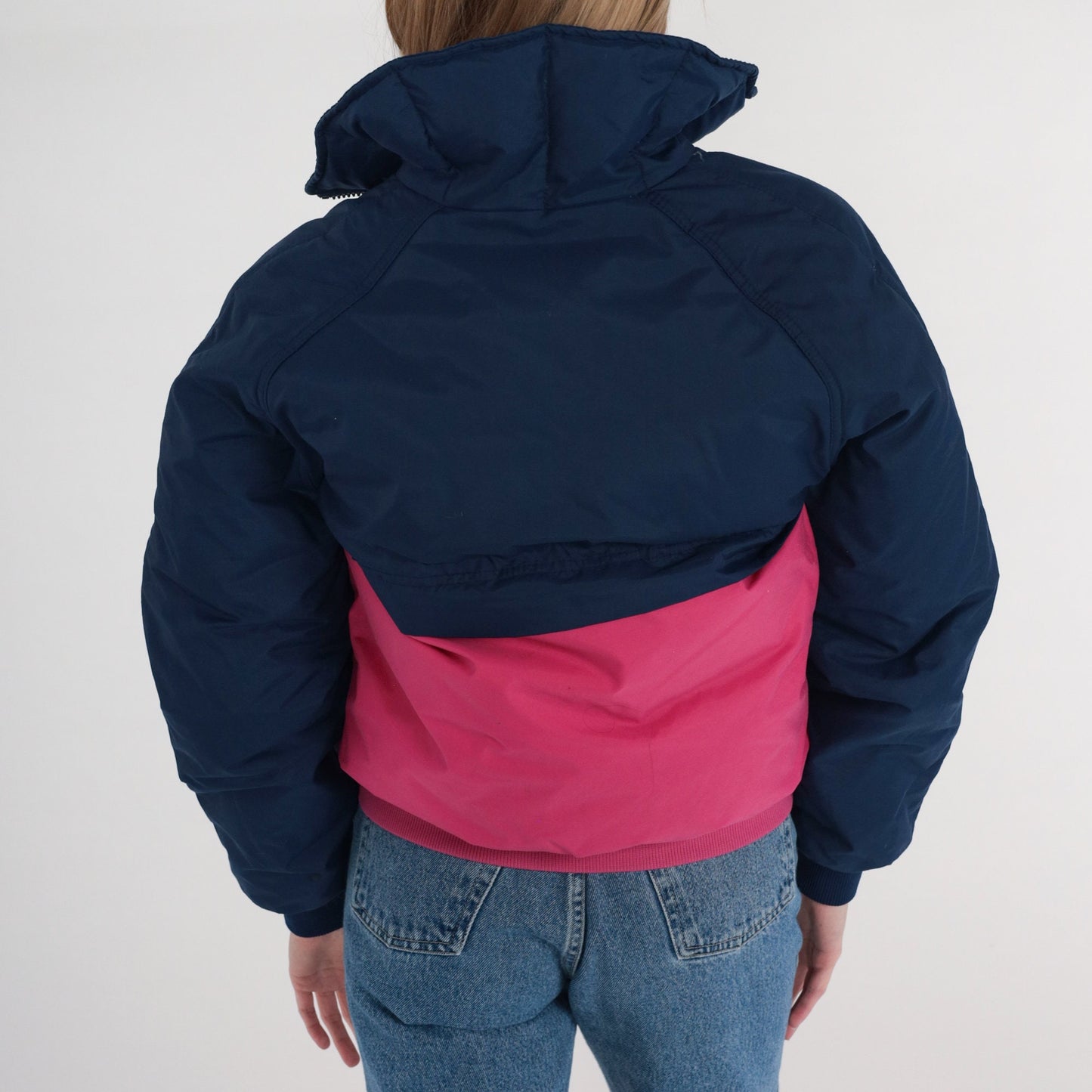 80s Sport Club Goose Down Puffer Jacket Navy Pink Color Block Ski Coat XS
