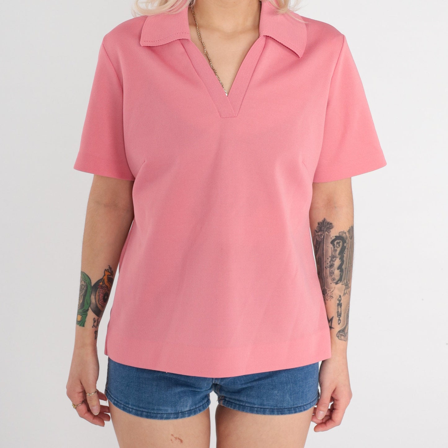 70s Pink Collared V-Neck Polo Shirt Short Sleeve Large L