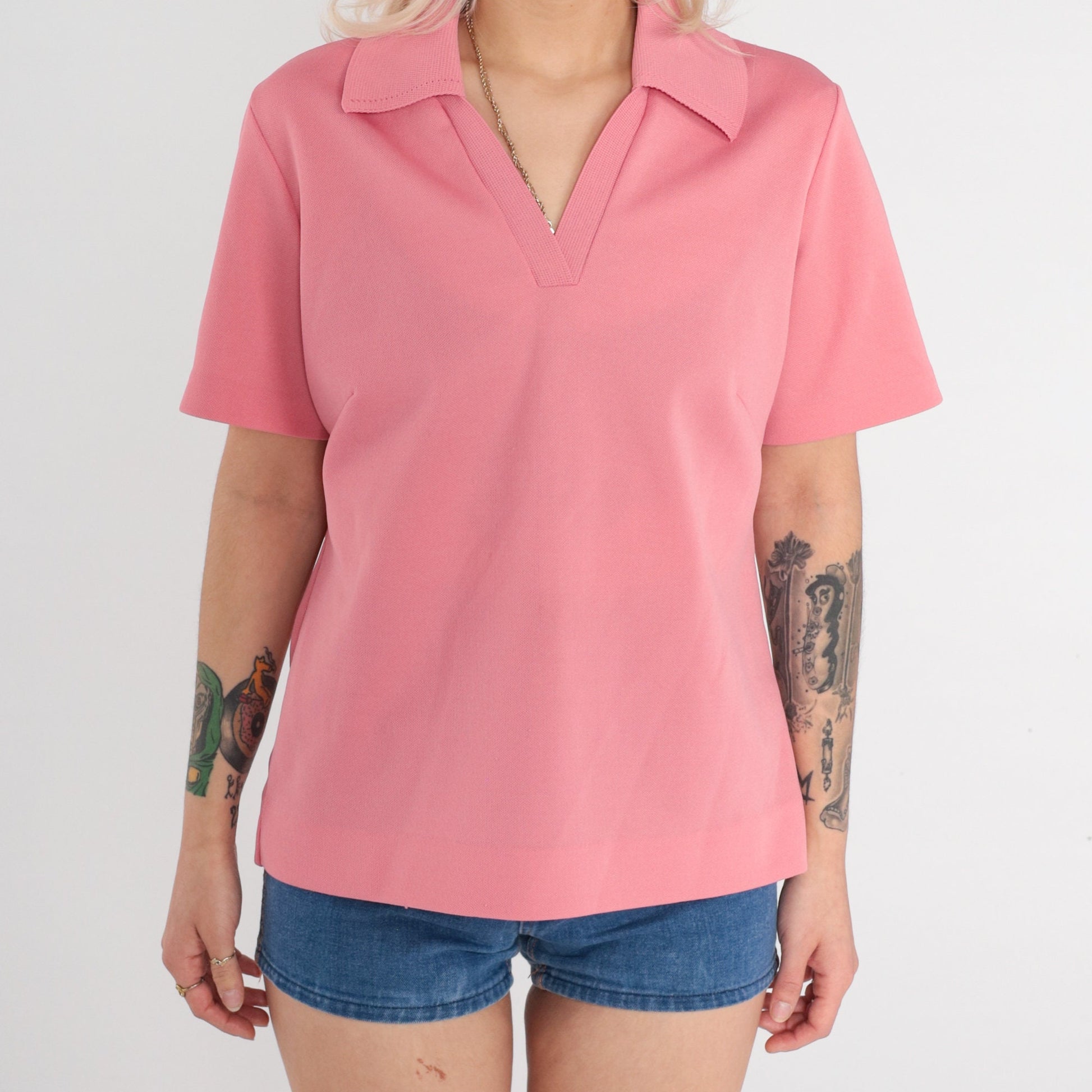 70s Pink Collared V-Neck Polo Shirt Short Sleeve Large L