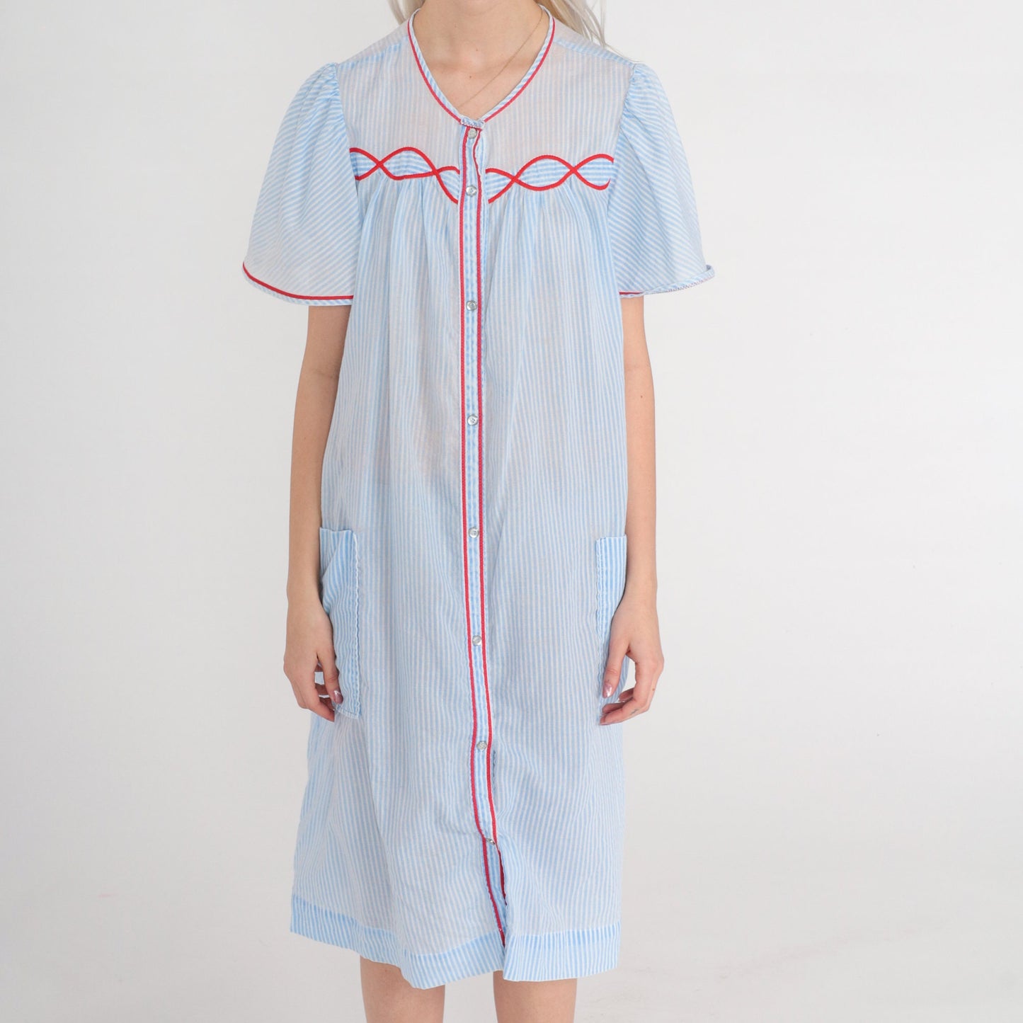 80s Striped Midi Lounge Dress Blue White Puff Sleeve Button-Up Medium