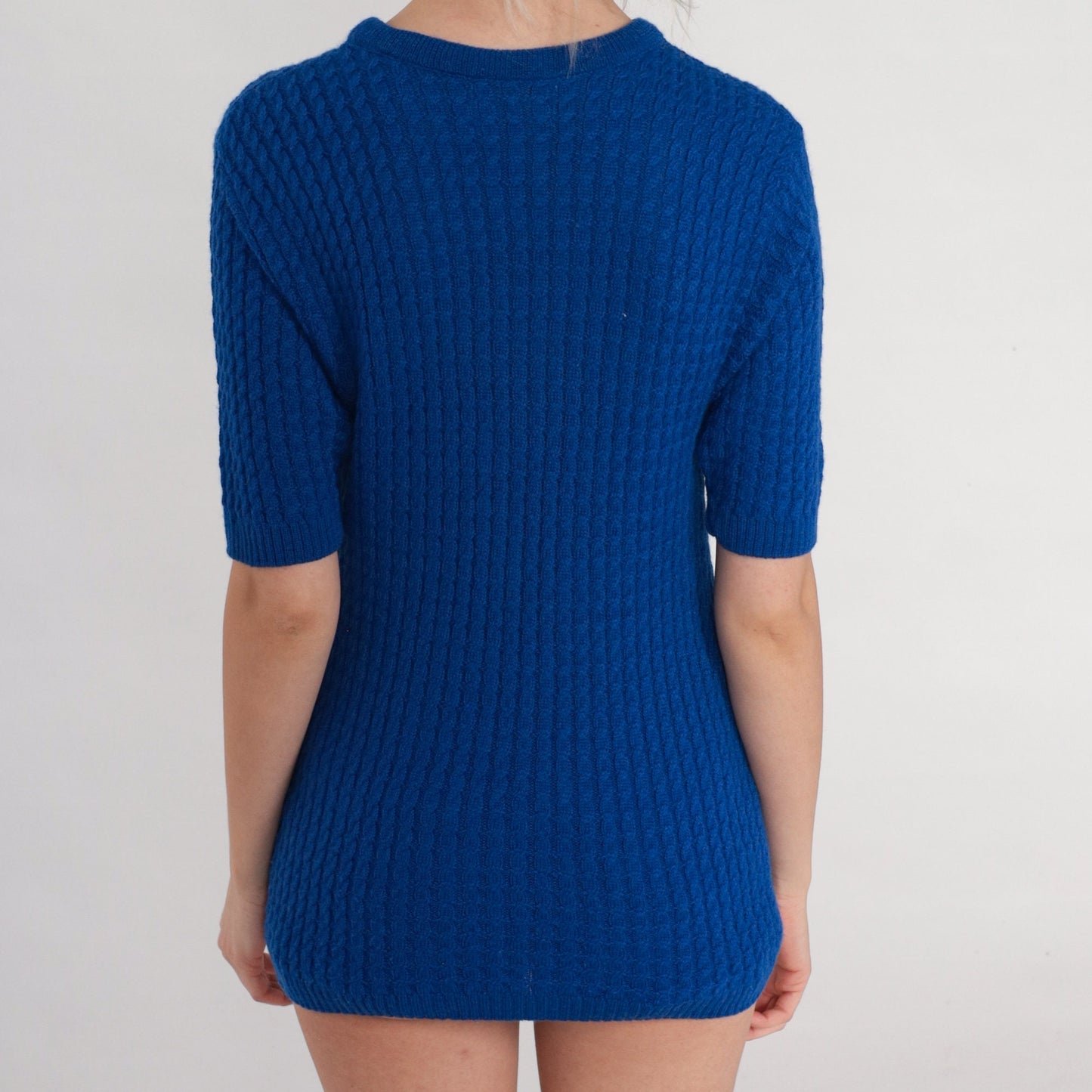 70s Pendleton Blue Wool Cable Knit Sweater Short Sleeve Crewneck Small
