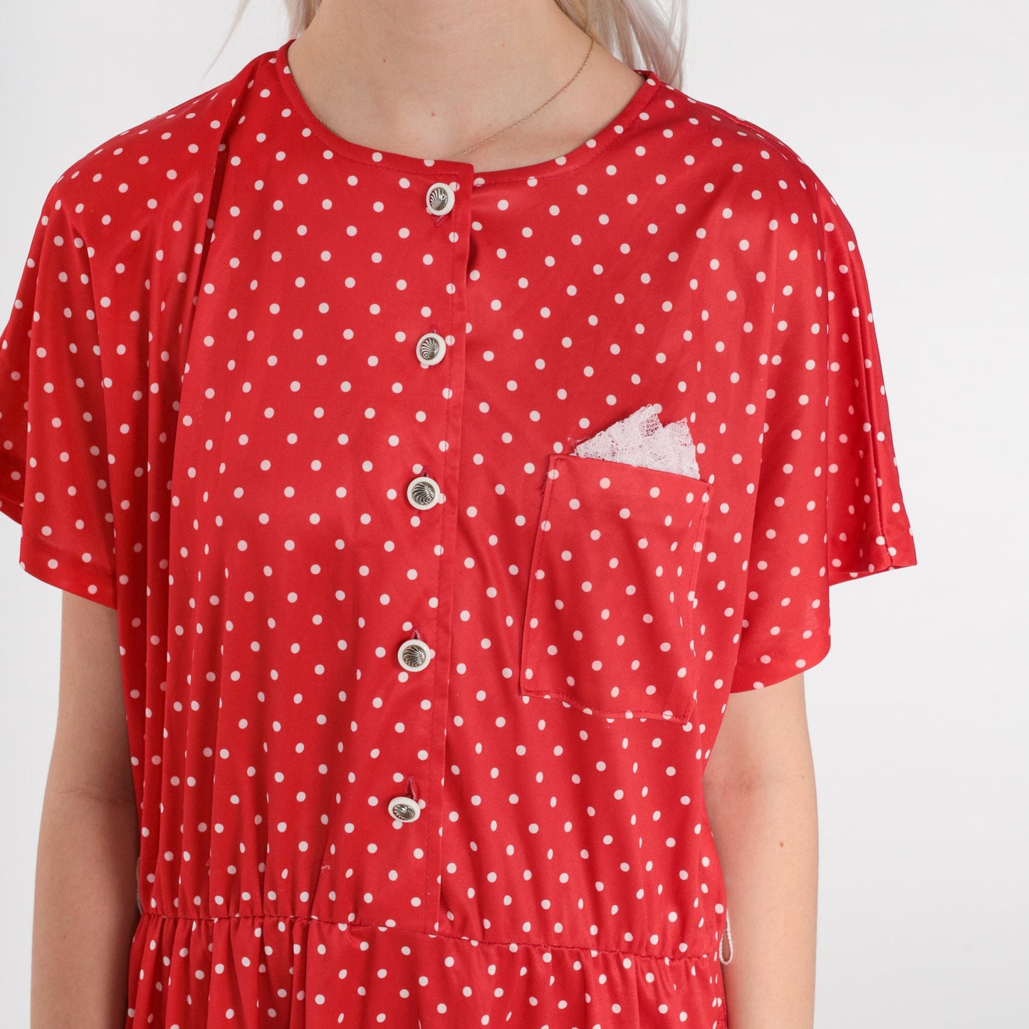 80s Red Polka Dot Button-Up Mini Dress High Waist Shirtdress Large