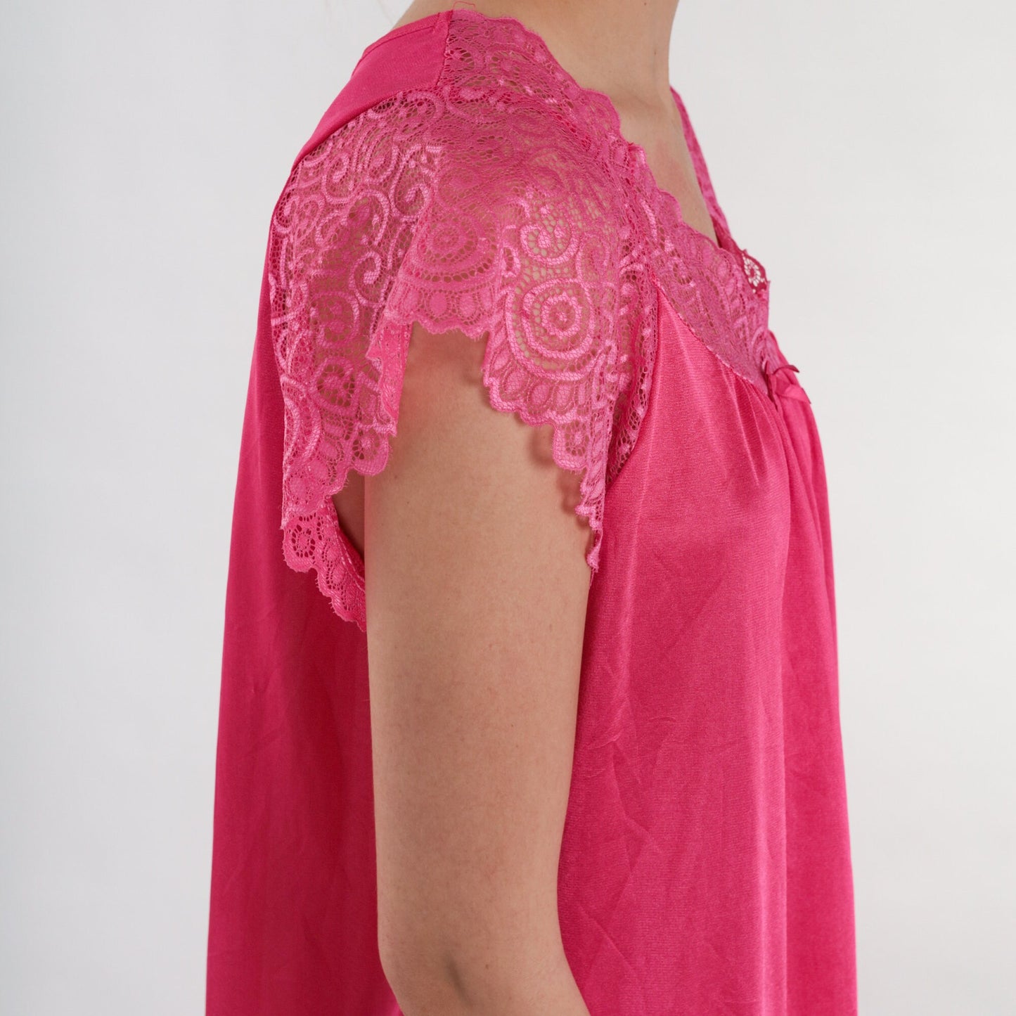 90s Pink Lace Nylon Pajama Top Short Sleeve Tunic Small