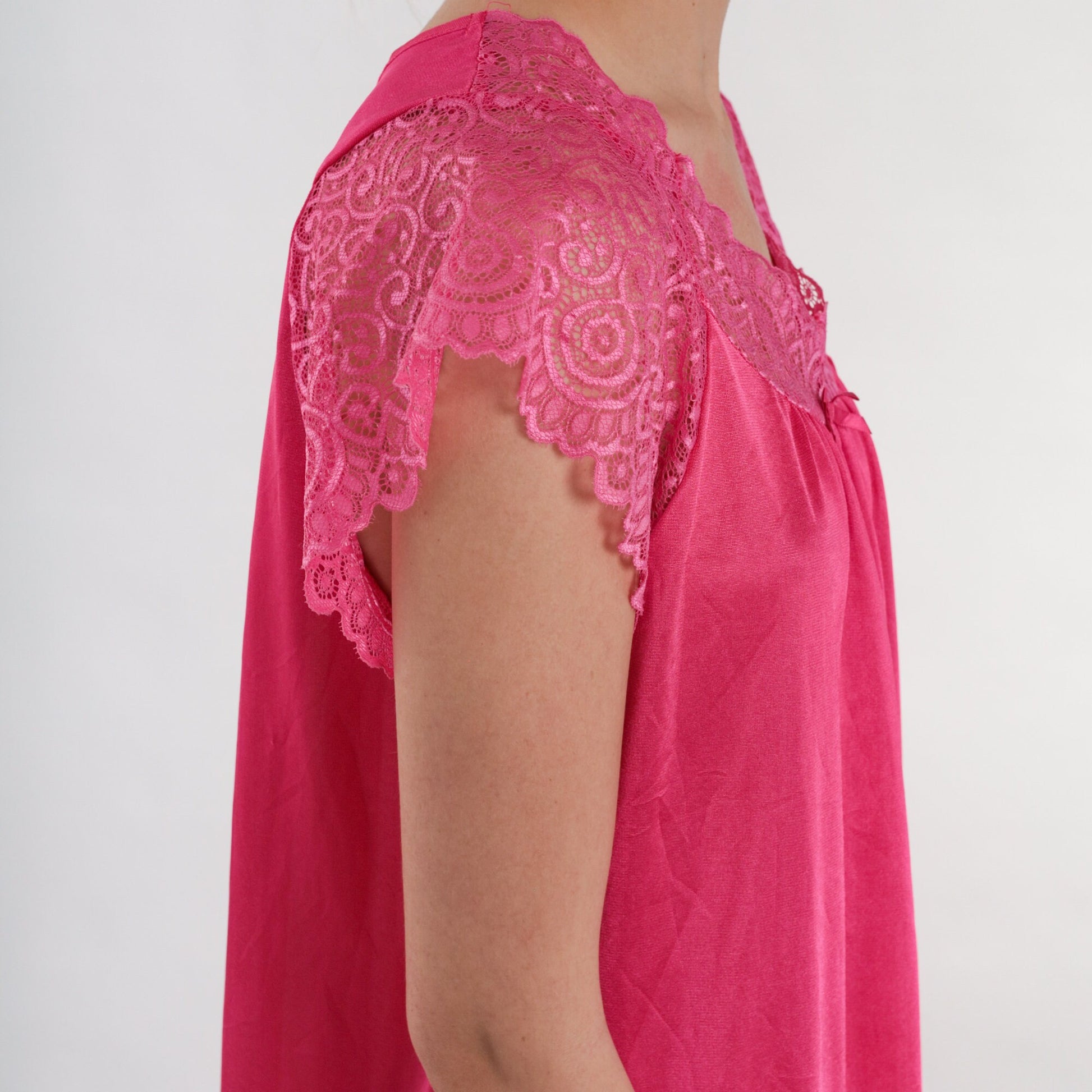 90s Pink Lace Nylon Pajama Top Short Sleeve Tunic Small