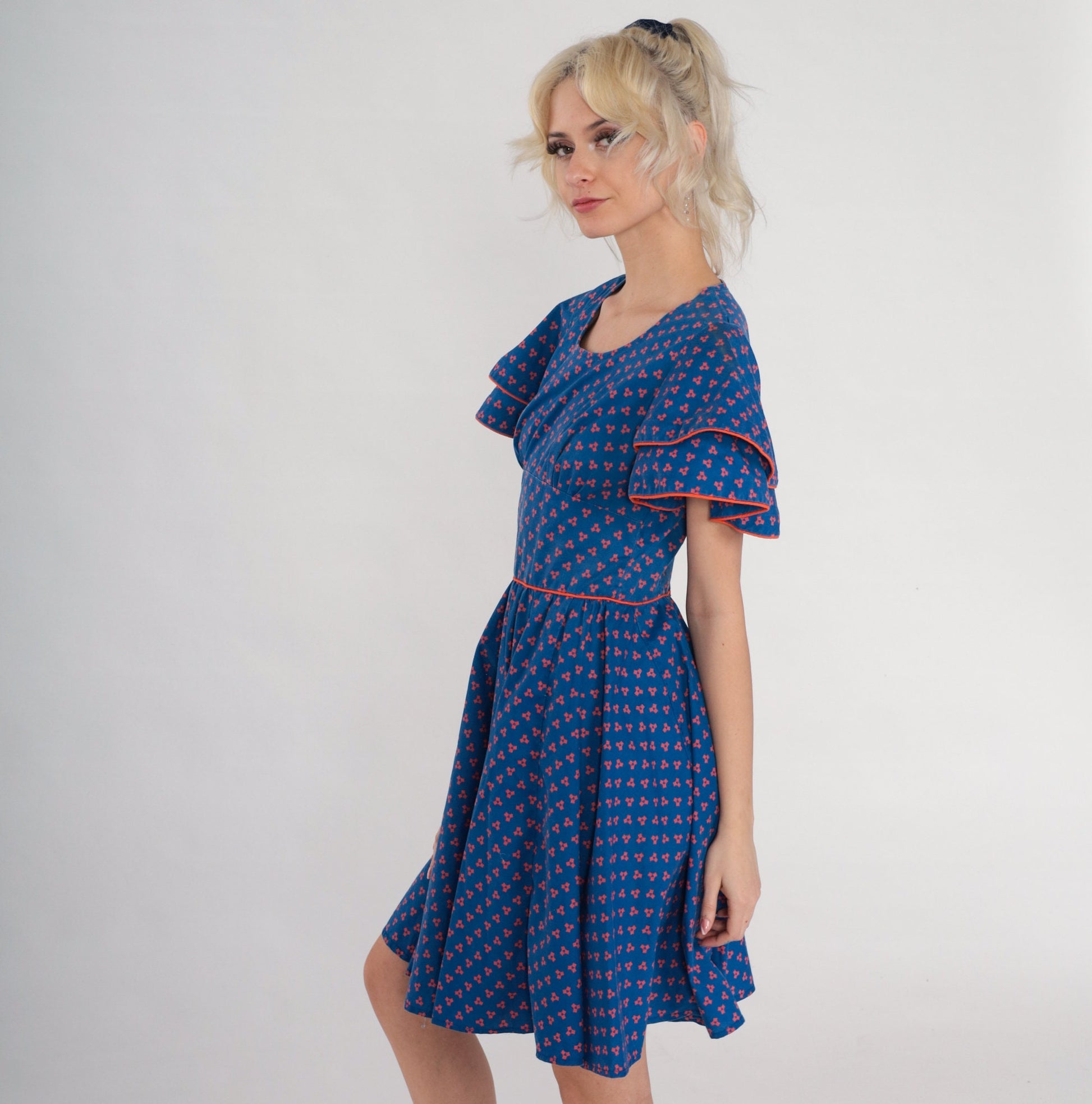 60s Blue Square Dot Mini Dress Flutter Sleeve High Waist Full Skirt Extra Small