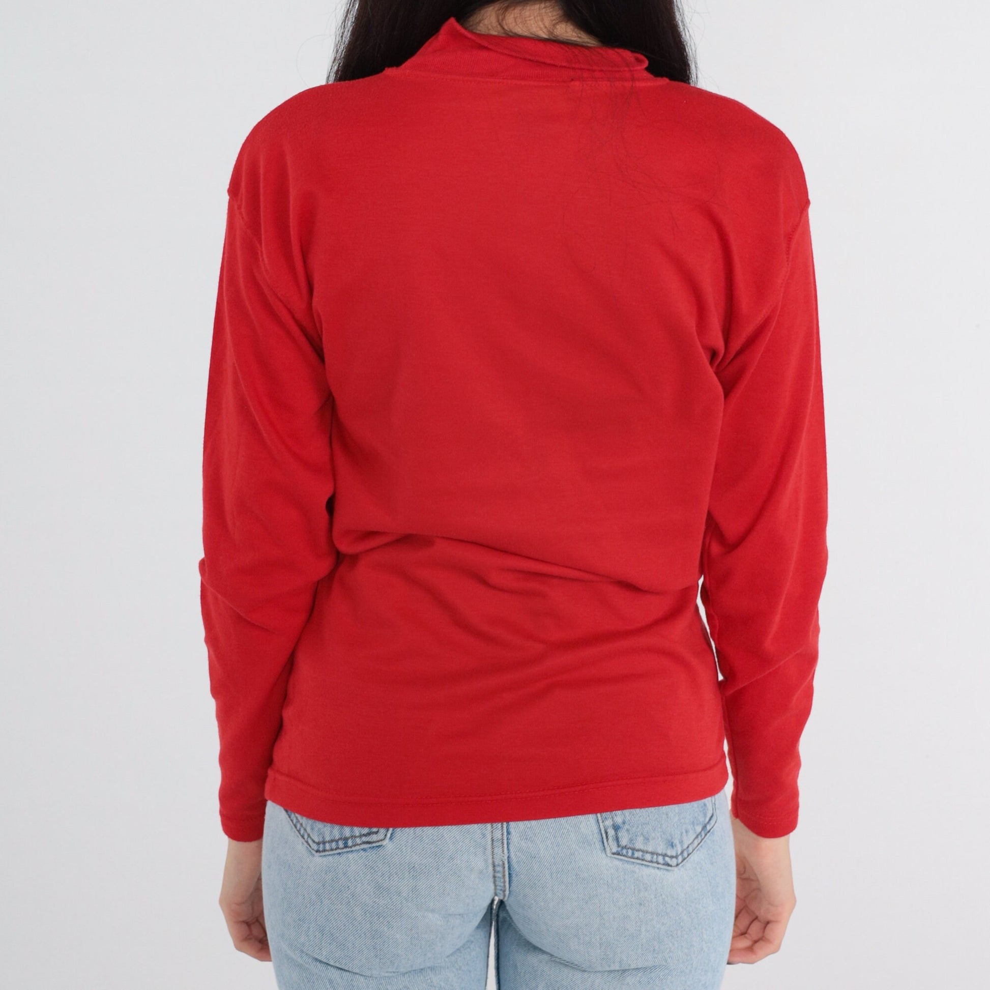 90s Red Mock Neck Crest Long Sleeve T-Shirt Small S