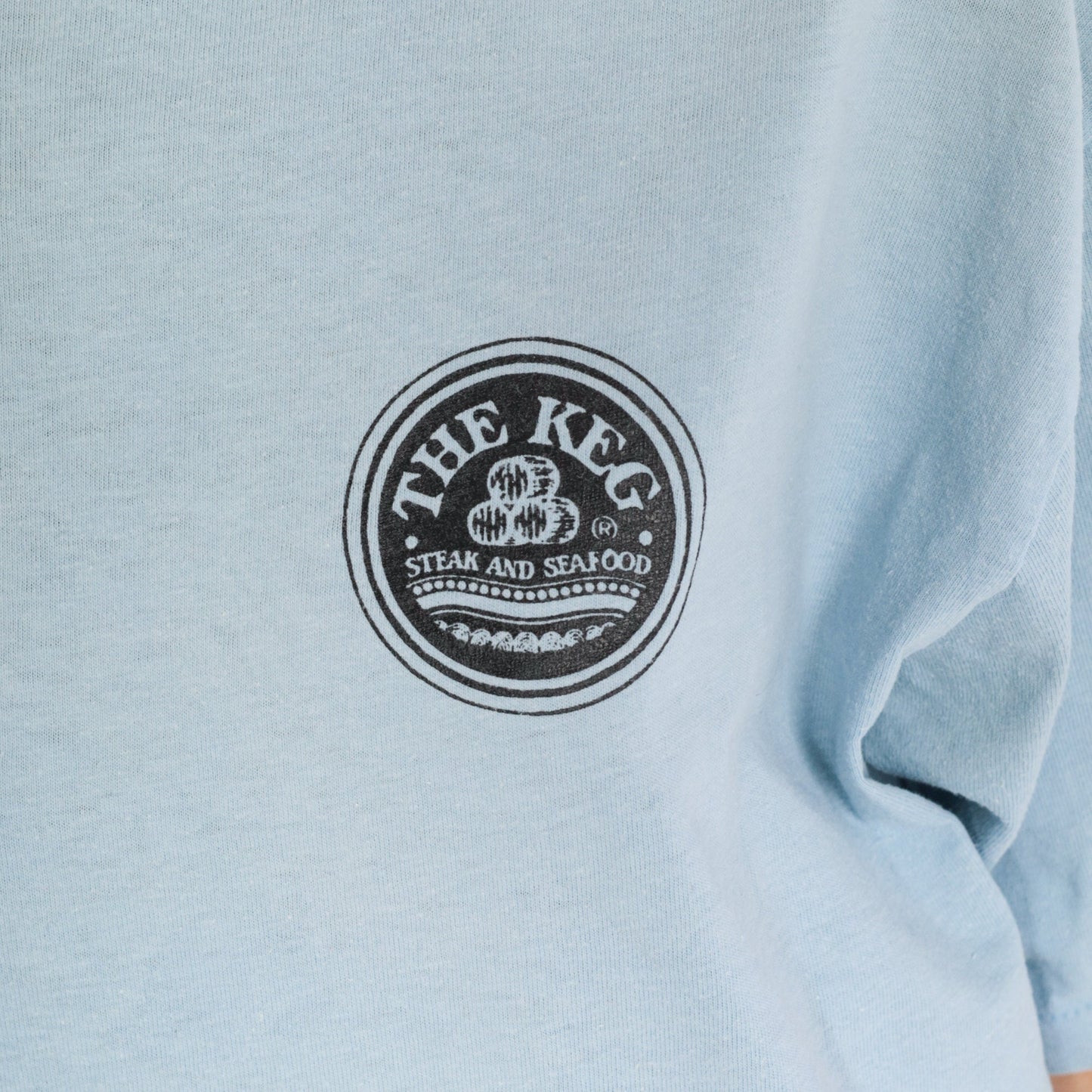 80s The Keg Steak and Seafood T-Shirt Baby Blue Gumby Graphic Tee Medium