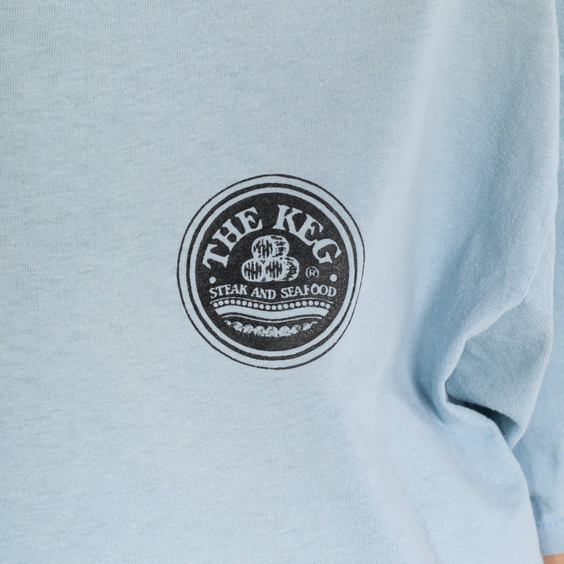 80s The Keg Steak and Seafood T-Shirt Baby Blue Gumby Graphic Tee Medium