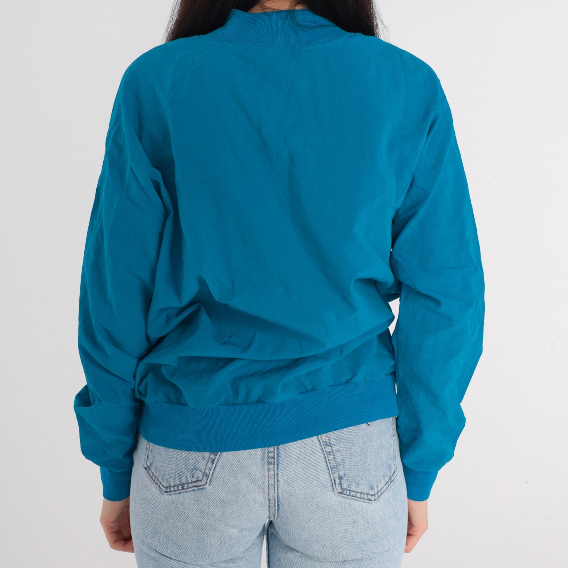 90s Blue Floral Embroidered Mockneck Sweatshirt Raglan Pullover Medium M