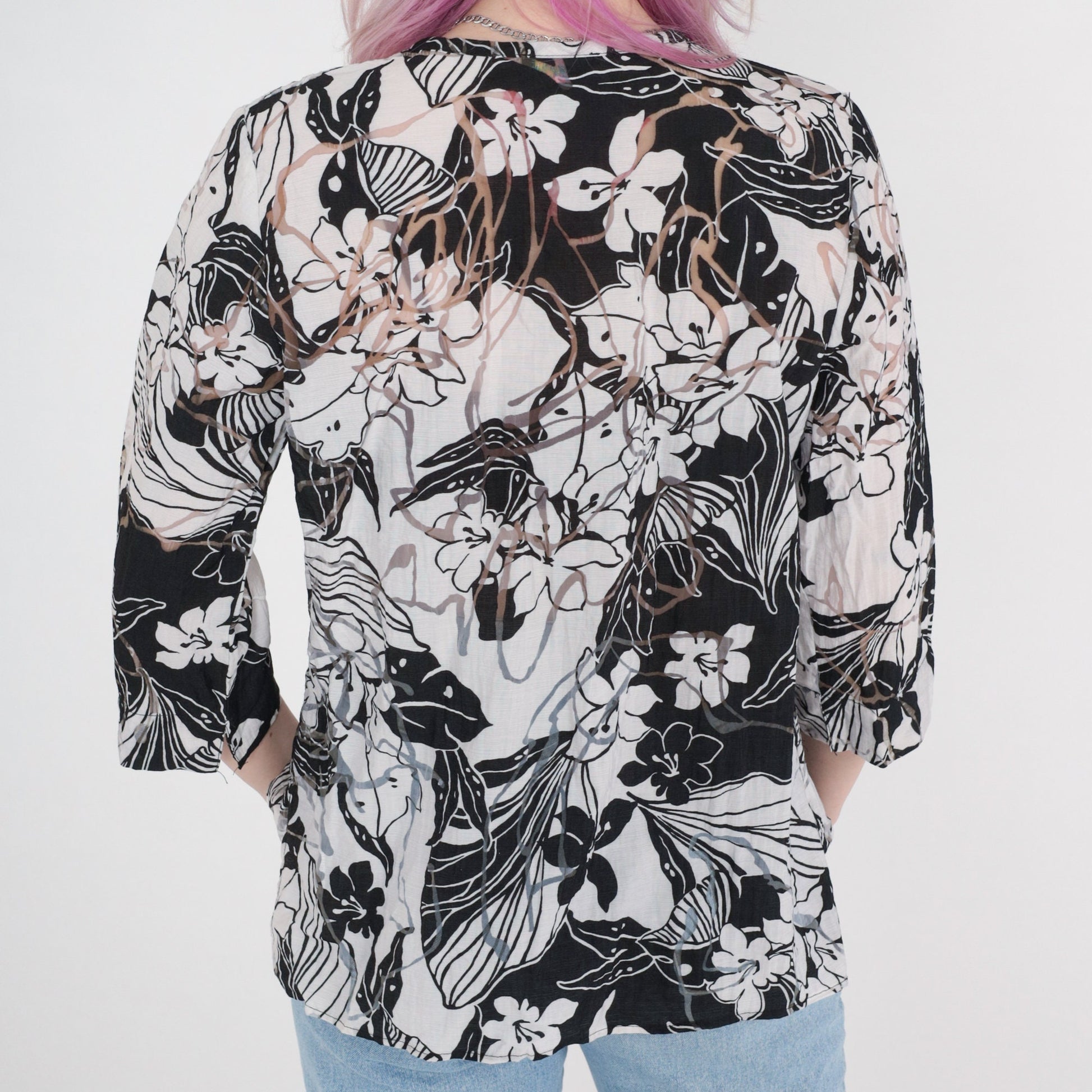 Y2K Sheer Floral Blouse Black White Button Up 3/4 Sleeve Medium M