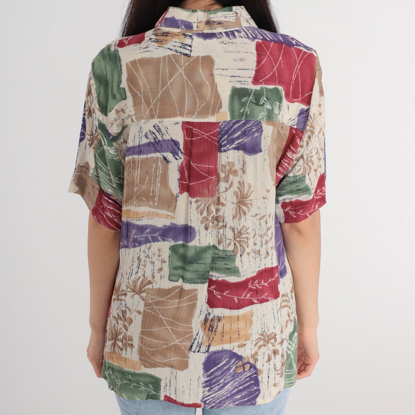 90s Floral Button-Up Blouse Short Sleeve Shirt Cream Red Purple Green Medium