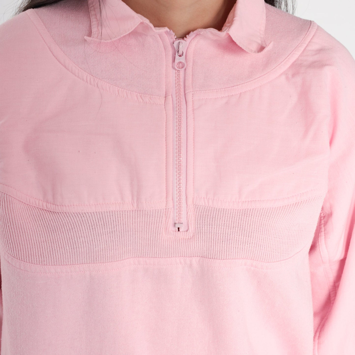 80s Baby Pink Quarter Zip Sweatshirt Striped Collar Pullover Small