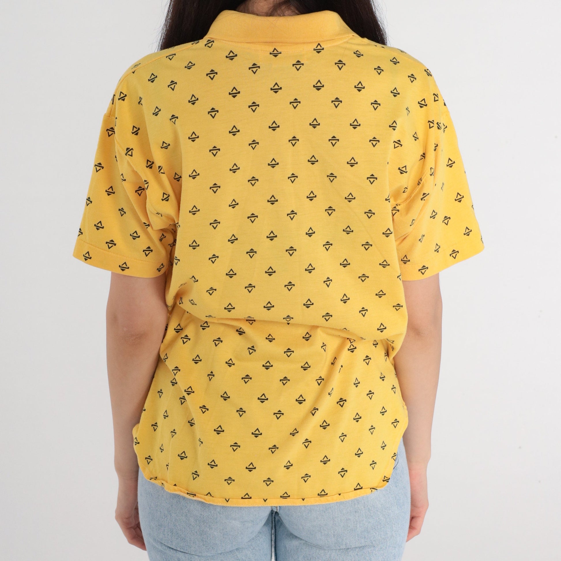 80s Yellow Polo Shirt Triangle Print Half Button Collared Top Medium