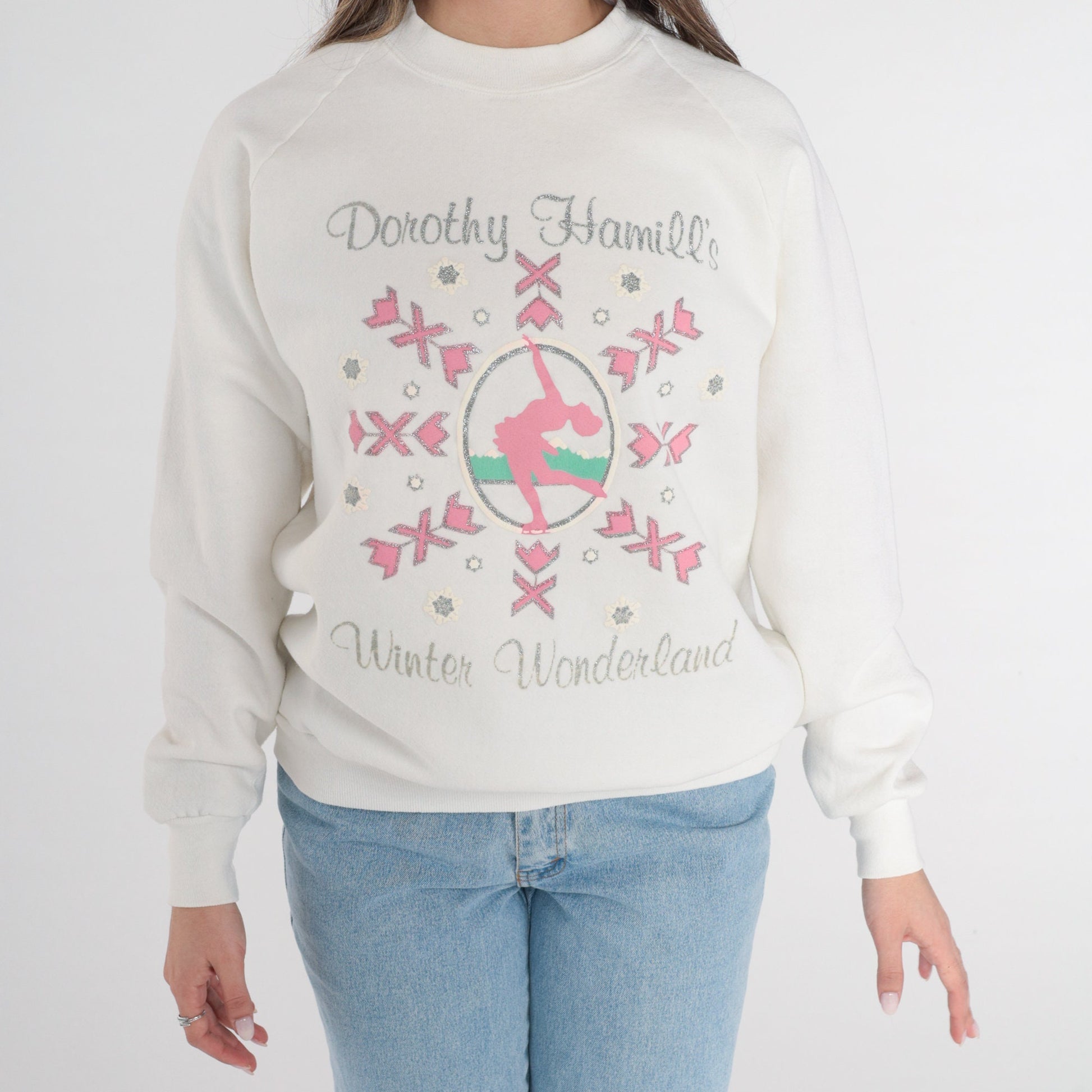 90s Dorothy Hammill's Winter Wonderland Figure Skater Sweatshirt White Glitter Raglan Medium