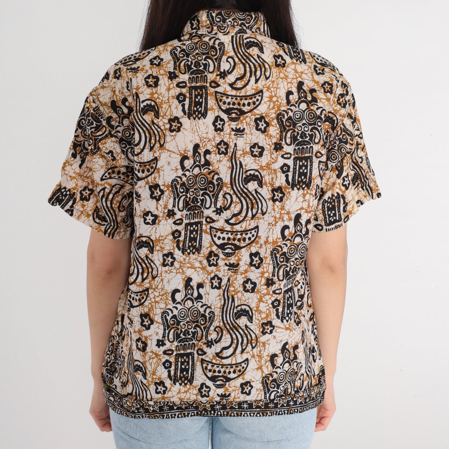 Y2K Indonesian Batik Button Up Blouse Celestial Print Cotton Short Sleeve Medium M