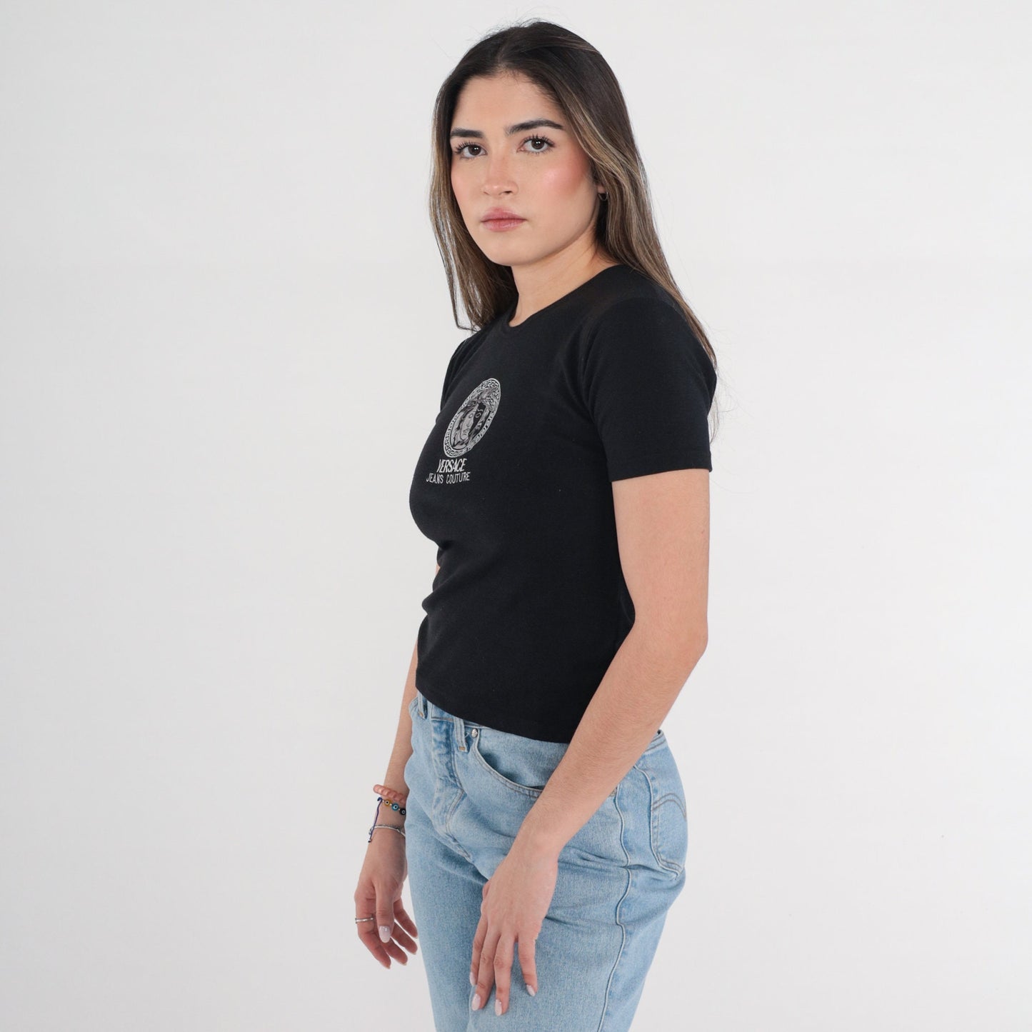 90s Versace Jeans Couture Embroidered Logo T-Shirt Black Extra Small XS
