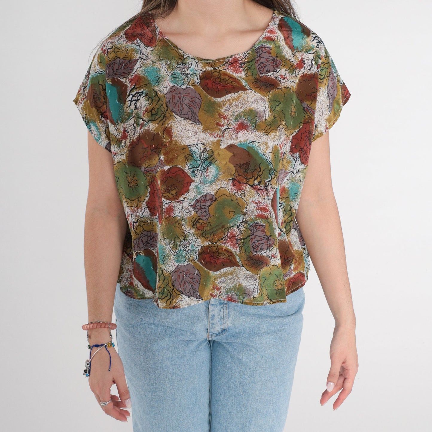90s Abstract Floral Shirt Cap Sleeve Blouse Olive Green White Brown Medium Large