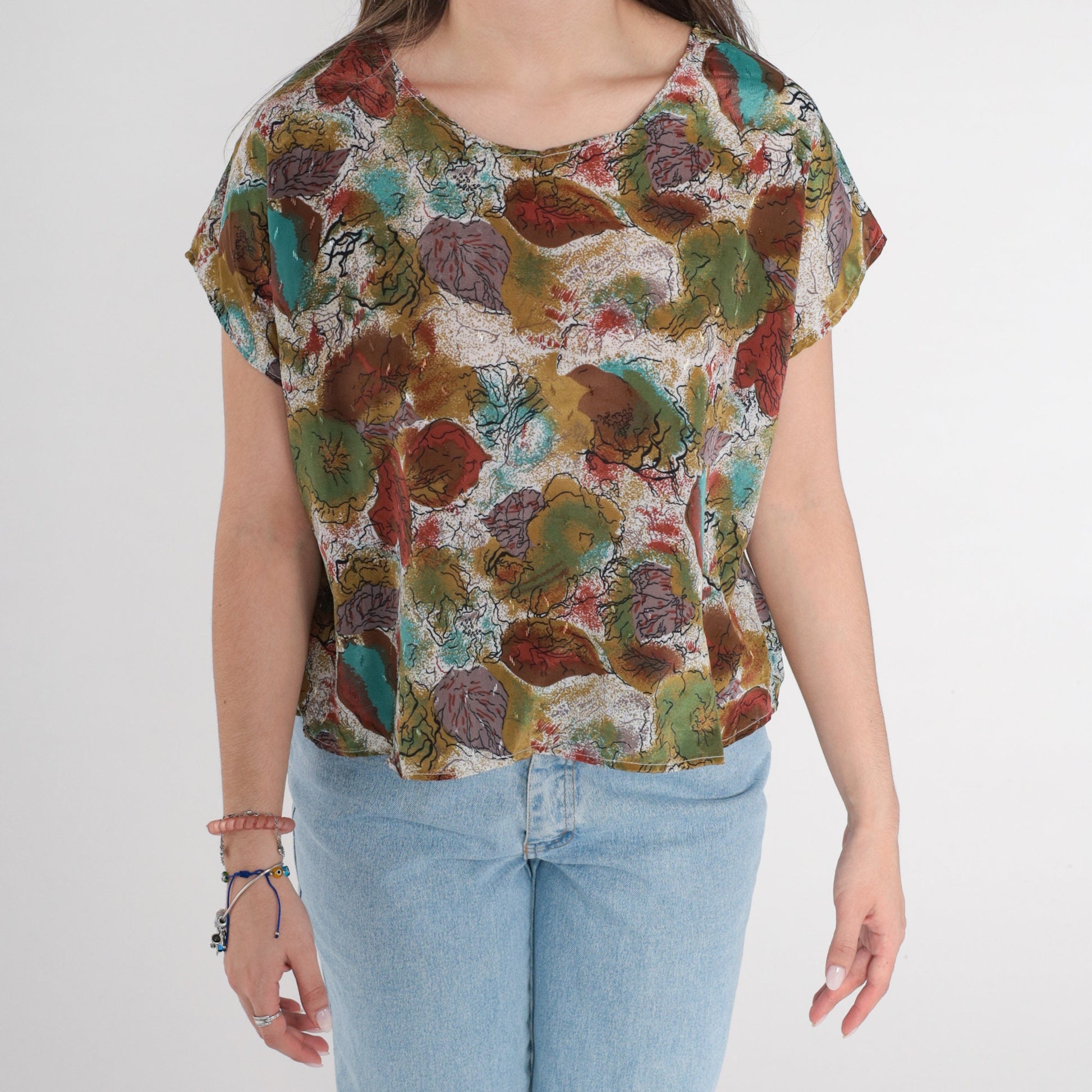 90s Abstract Floral Shirt Cap Sleeve Blouse Olive Green White Brown Medium Large