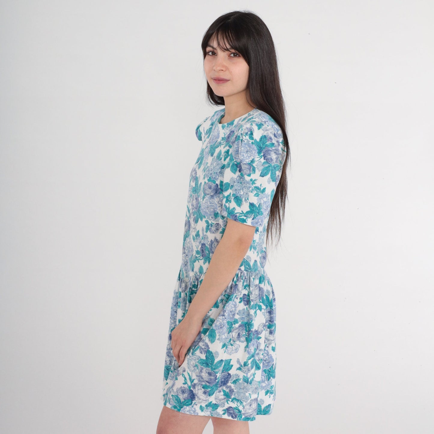 80s Floral Mini Dress Puff Sleeve White Rose Print Basque Waist Small