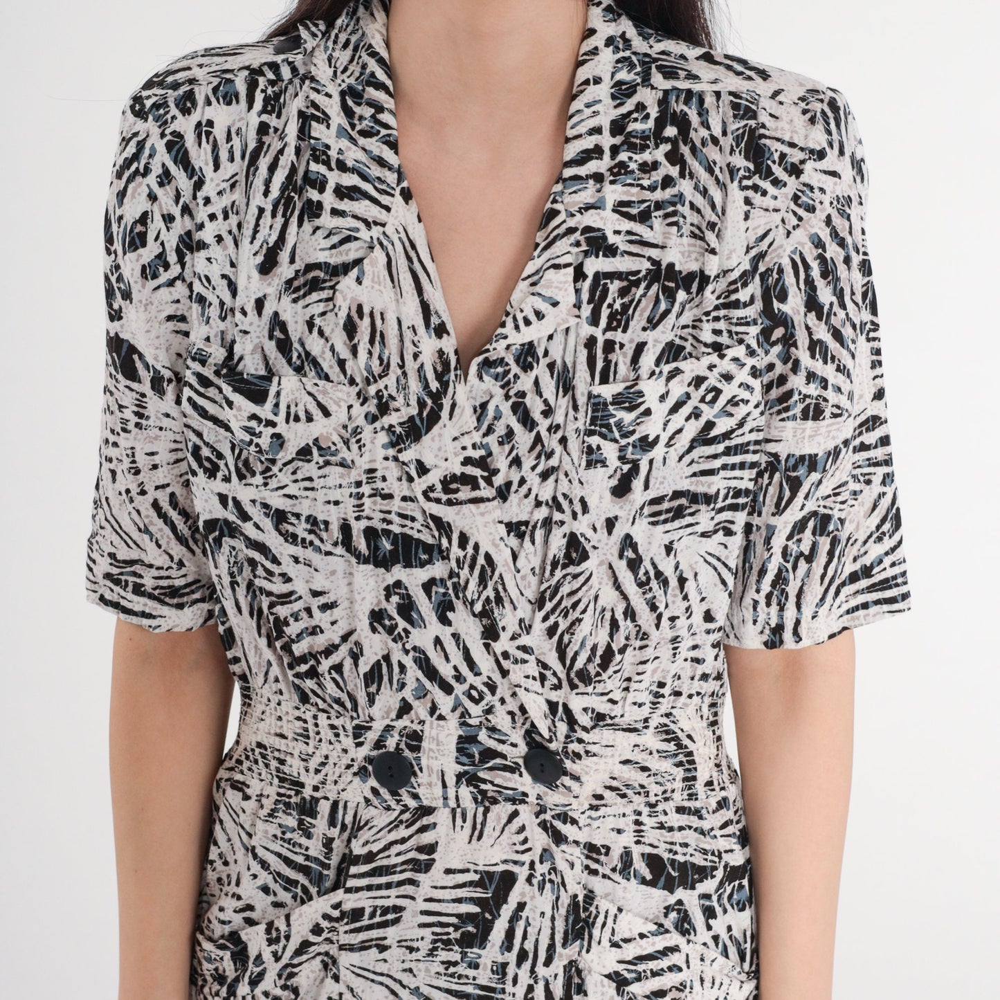 90s Abstract Print Midi Wrap Dress Collared V-Neck Pockets Small