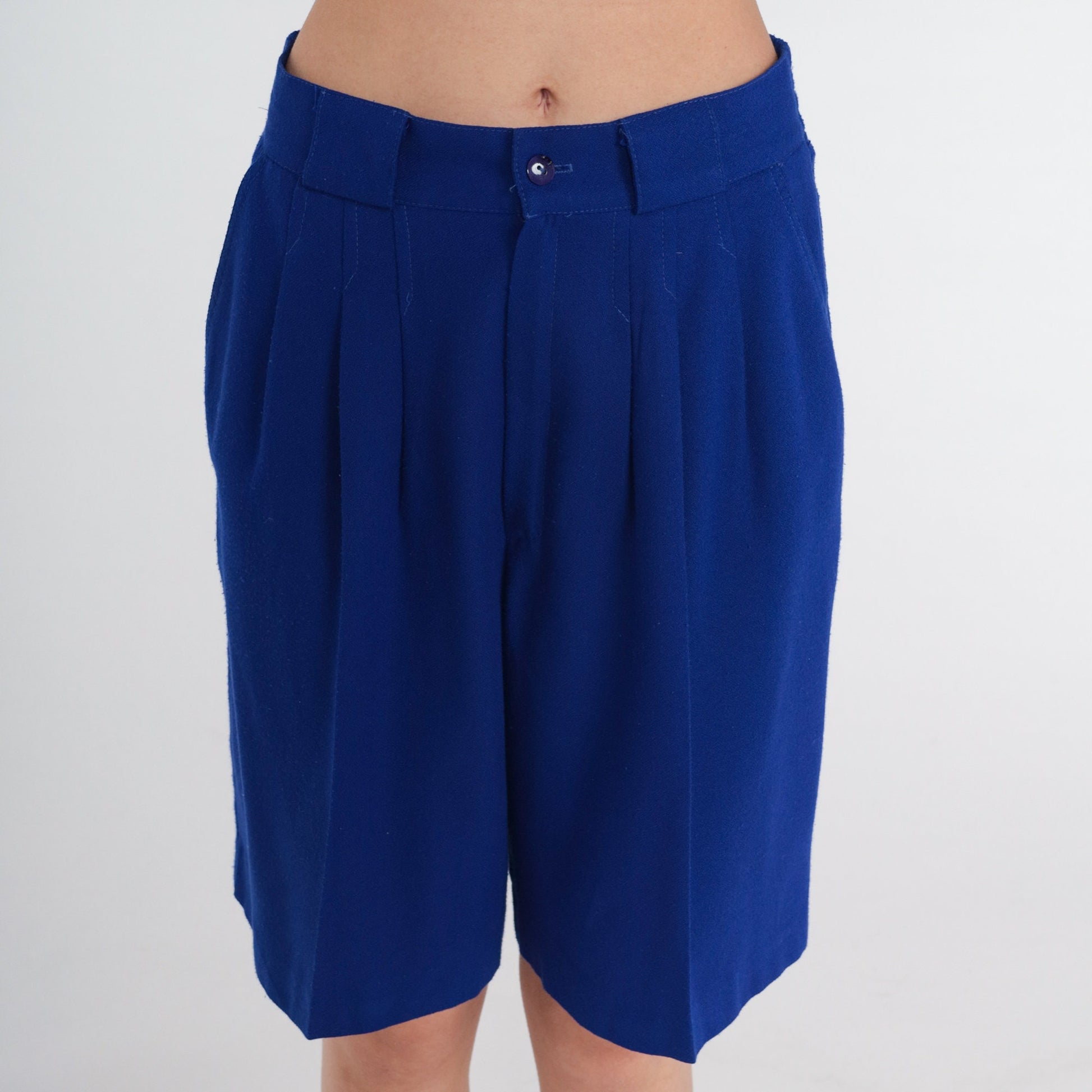 80s Blue Pleated High-Waisted Shorts Knee Length Medium