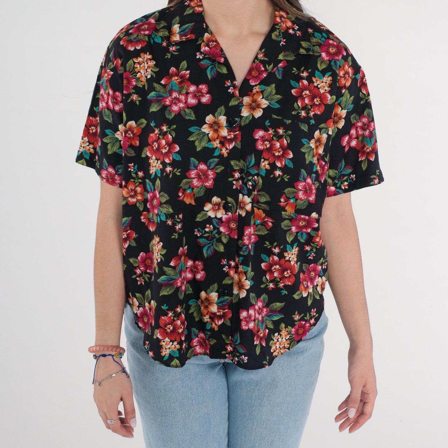 90s Black Tropical Floral Button-Up Shirt Short Sleeve Medium M