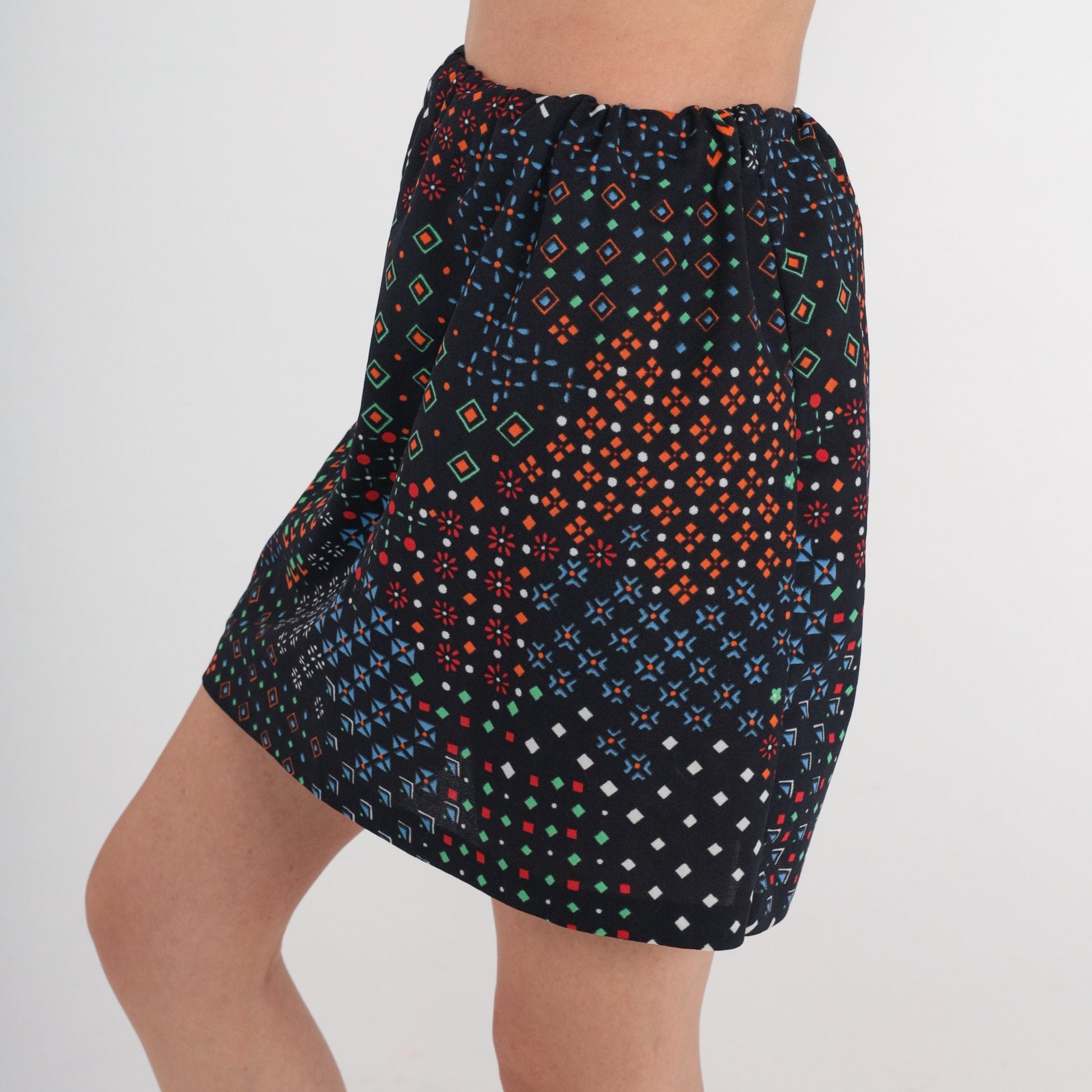 70s Black Geometric Mini Skirt High Waisted Multicolor Print Extra Small
