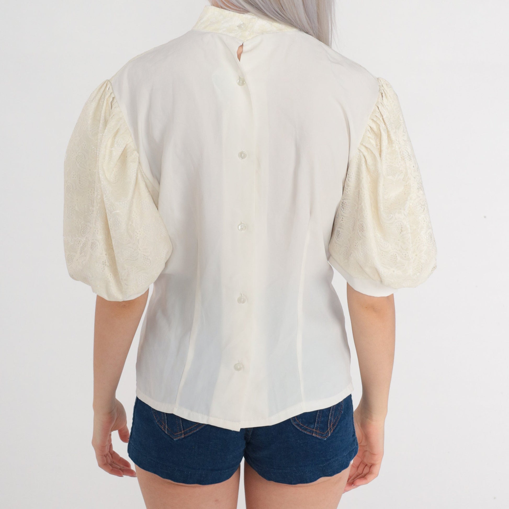 70s White Lace Blouse Puff Sleeve High Neck Pearl Button Shirt Small