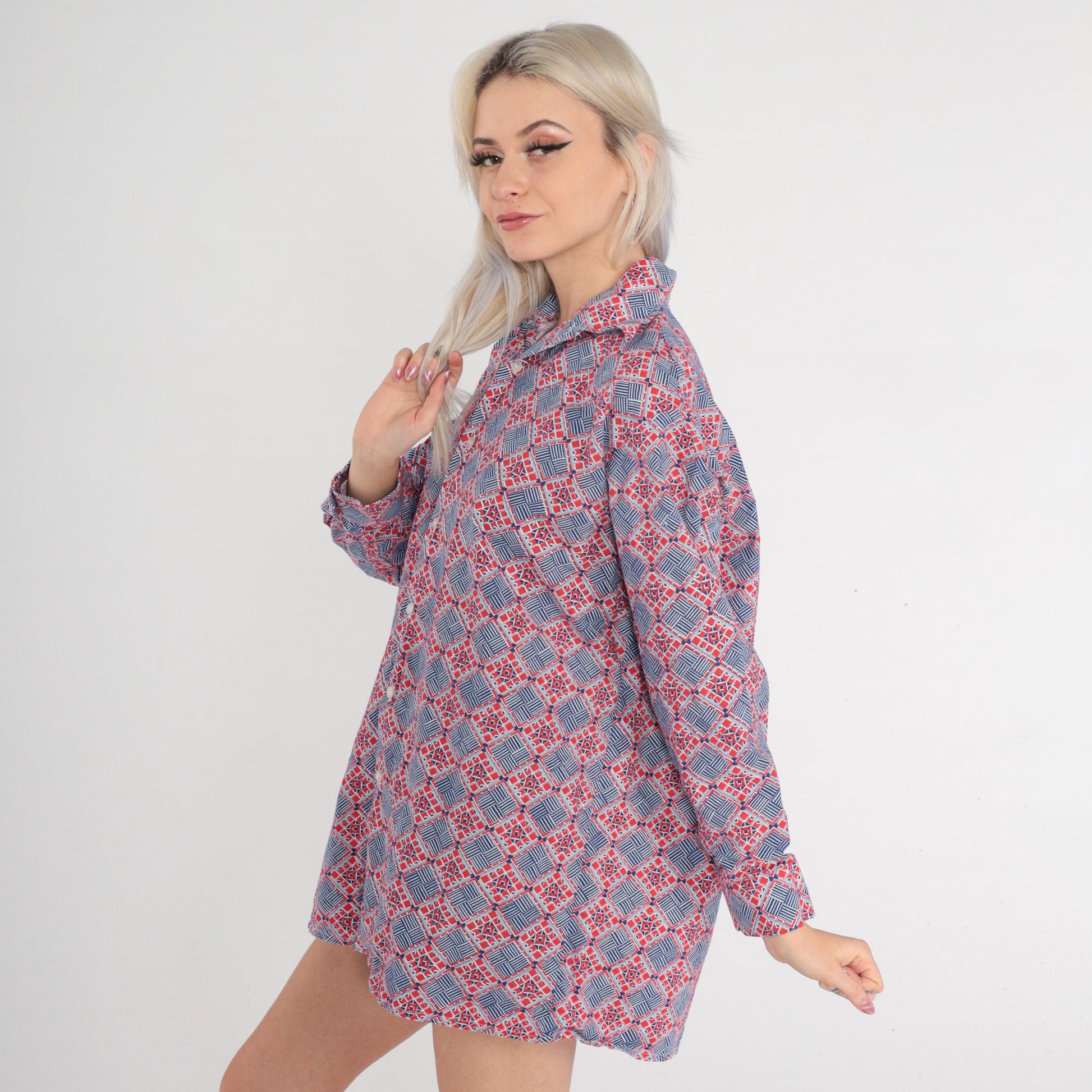 70s Lotus Button Up Shirt Red Blue Geometric Tile Print Long Sleeve Extra Large