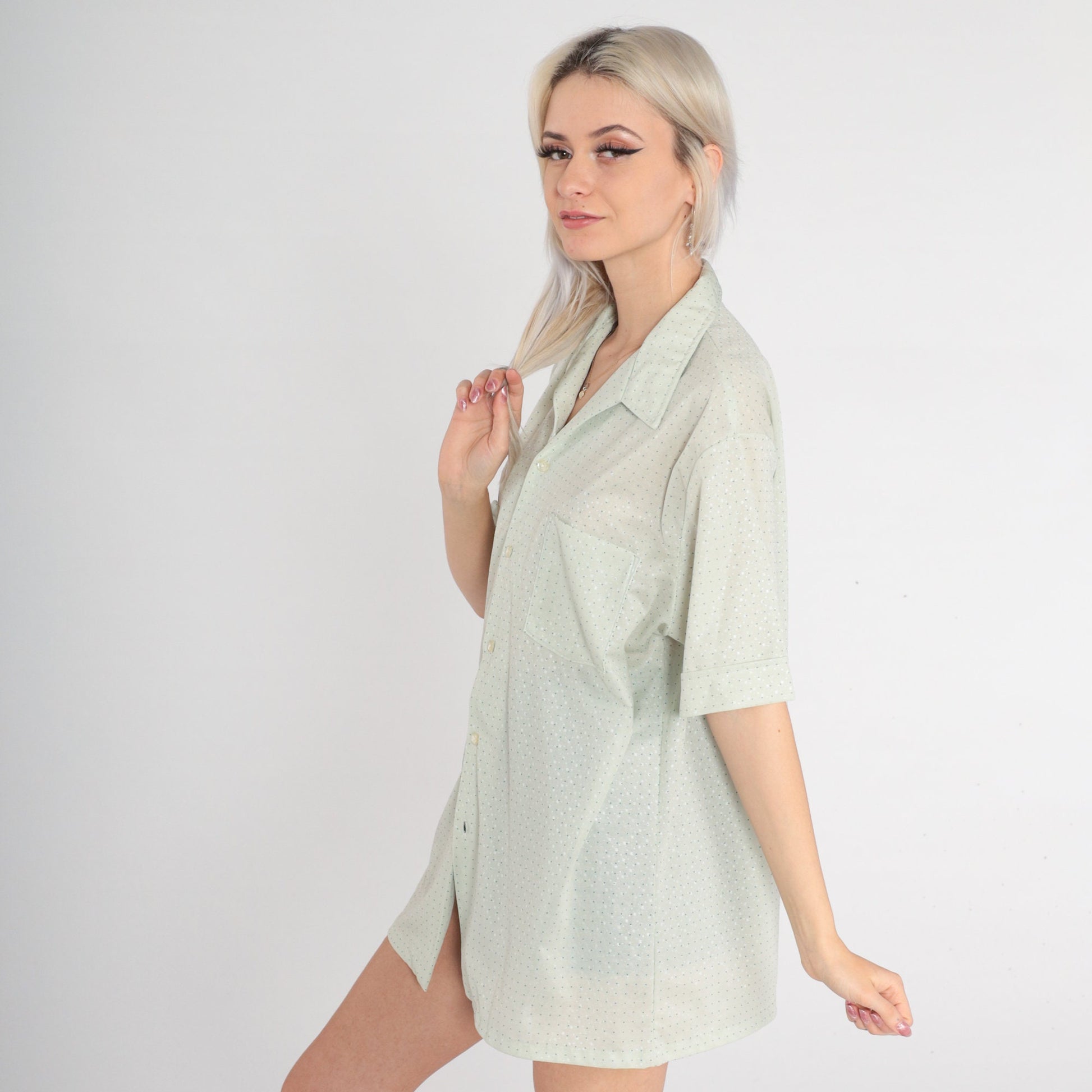 70s Pastel Green Polka Dot Button-Up Shirt Short Sleeve Collared Mens XL