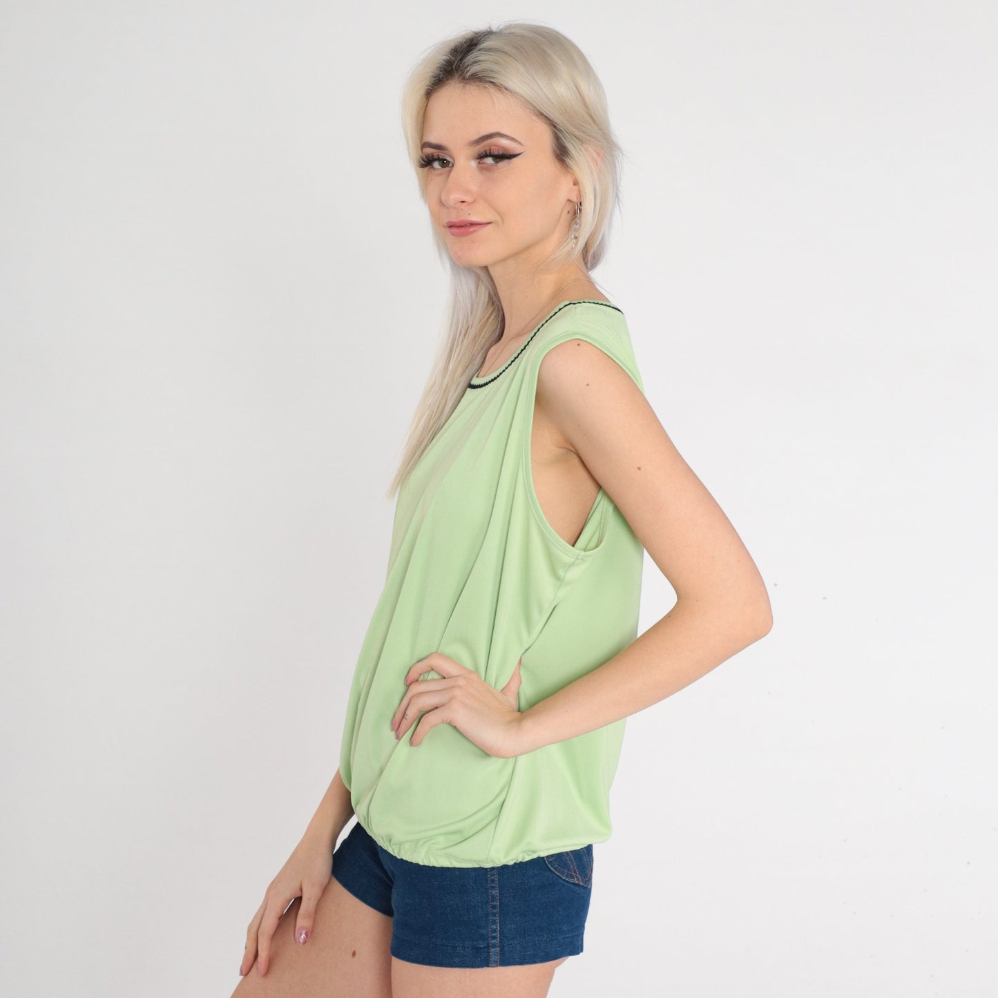 90s Green Tank Top Black Trim Sleeveless Shirt Large L