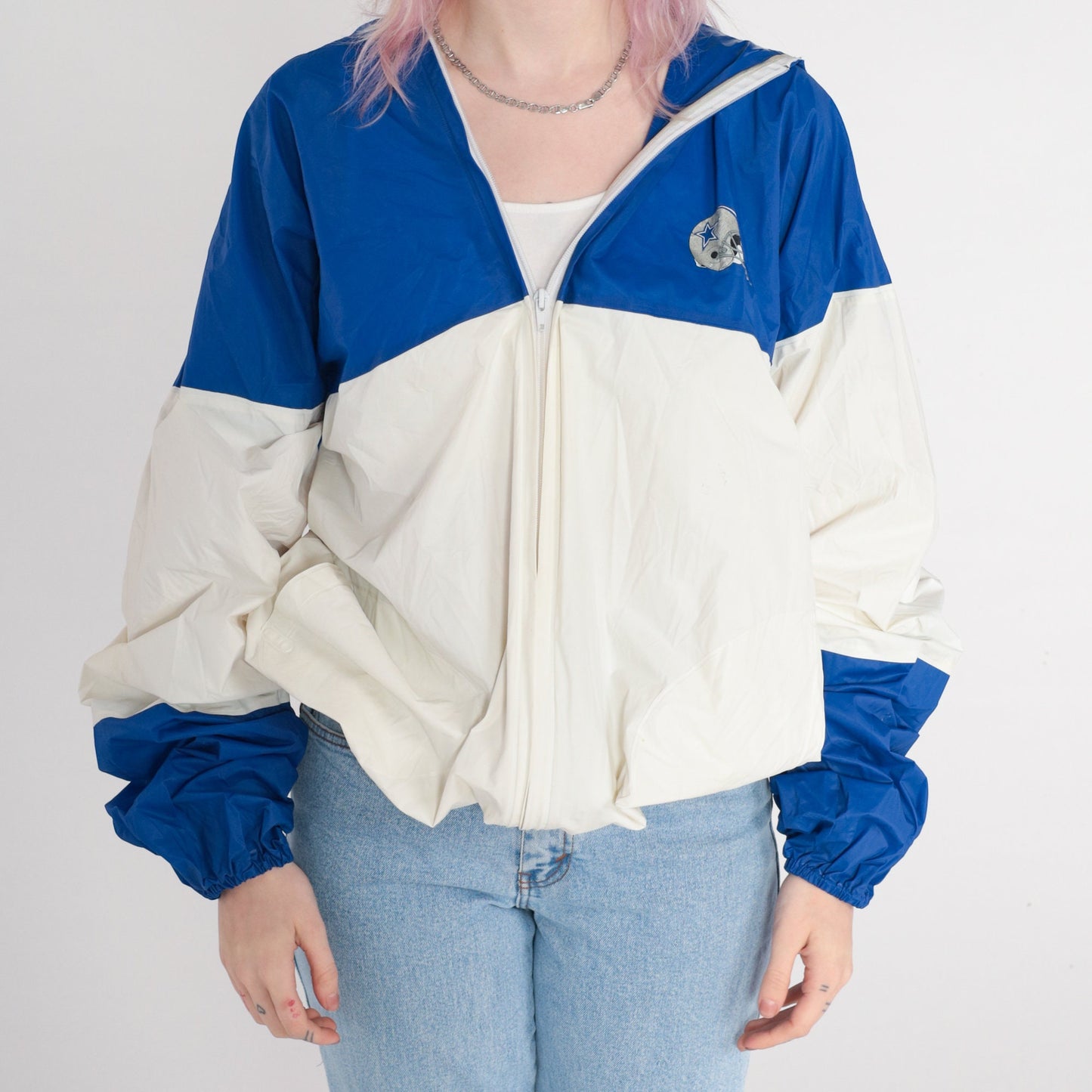 90s Dallas Cowboys PVC Rain Jacket Colour Block Blue White Extra Large XXL