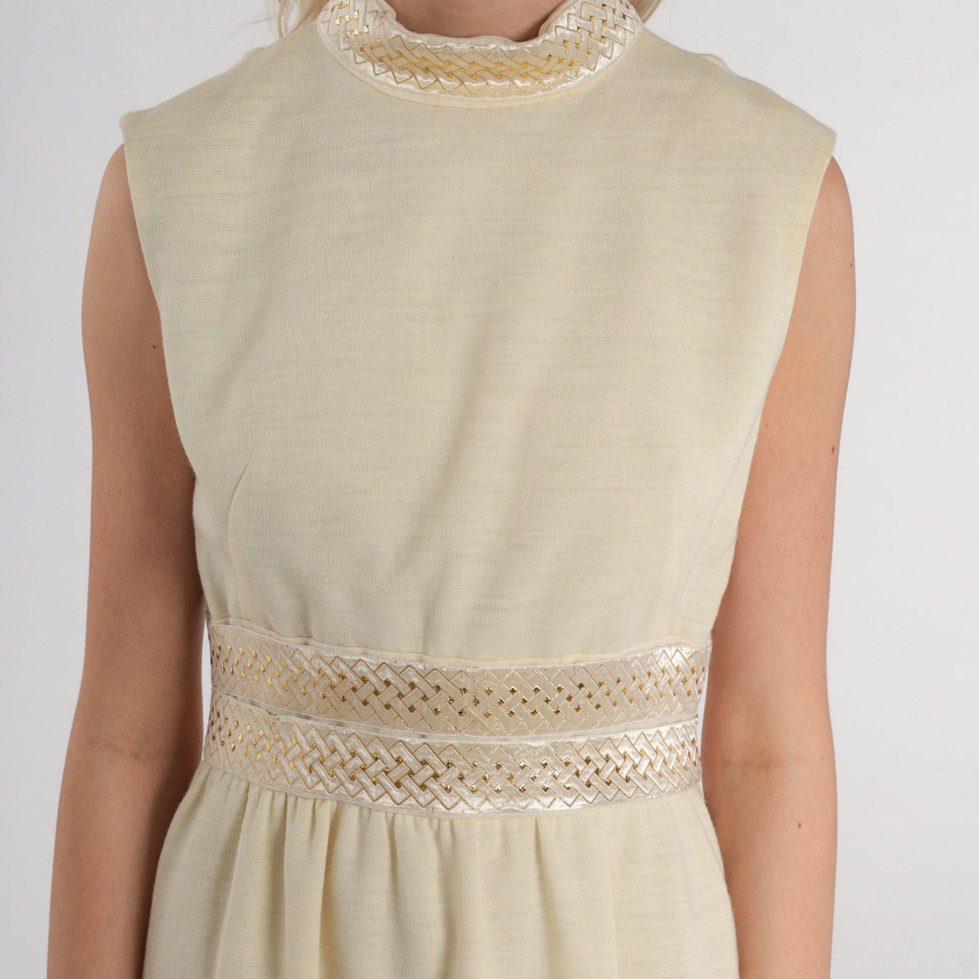 60s Cream Wool Blend Mod Mini Dress Metallic Trim Empire Waist Small S