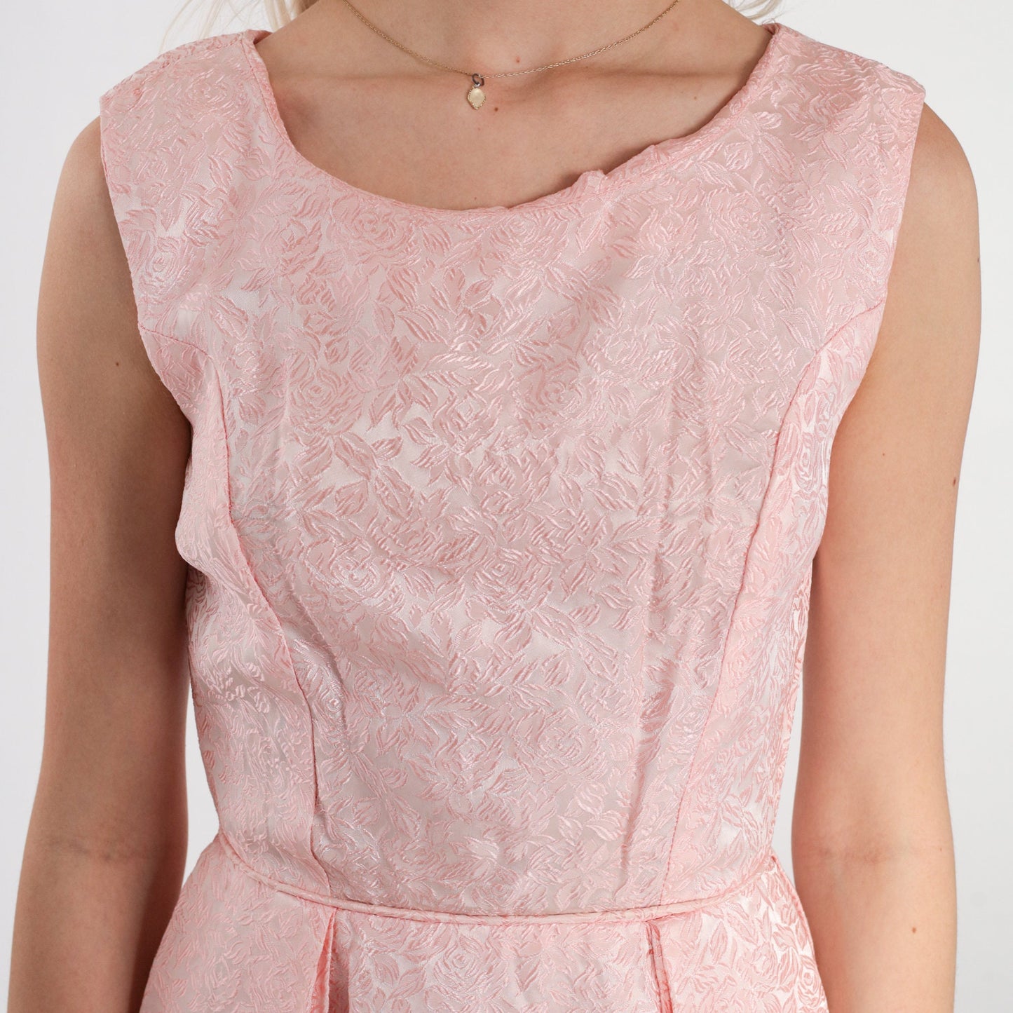 60s Pink Floral Brocade Mini Dress Sleeveless High Waist Extra Small XS