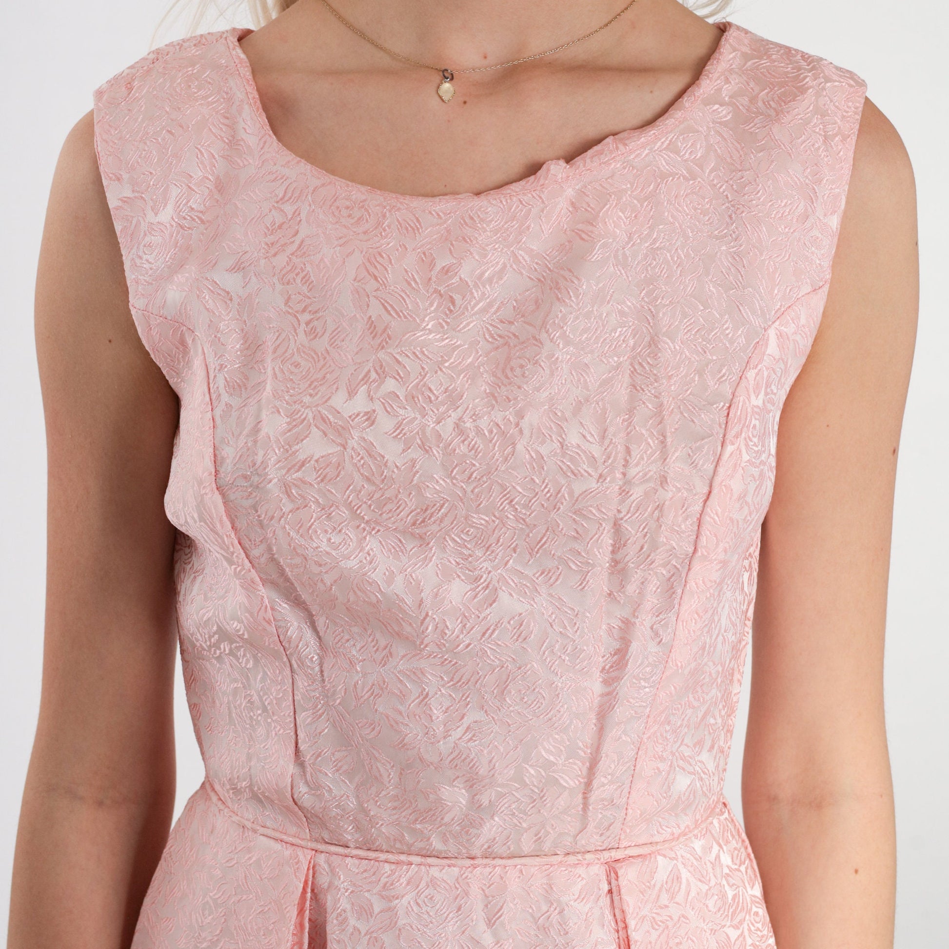 60s Pink Floral Brocade Mini Dress Sleeveless High Waist Extra Small XS